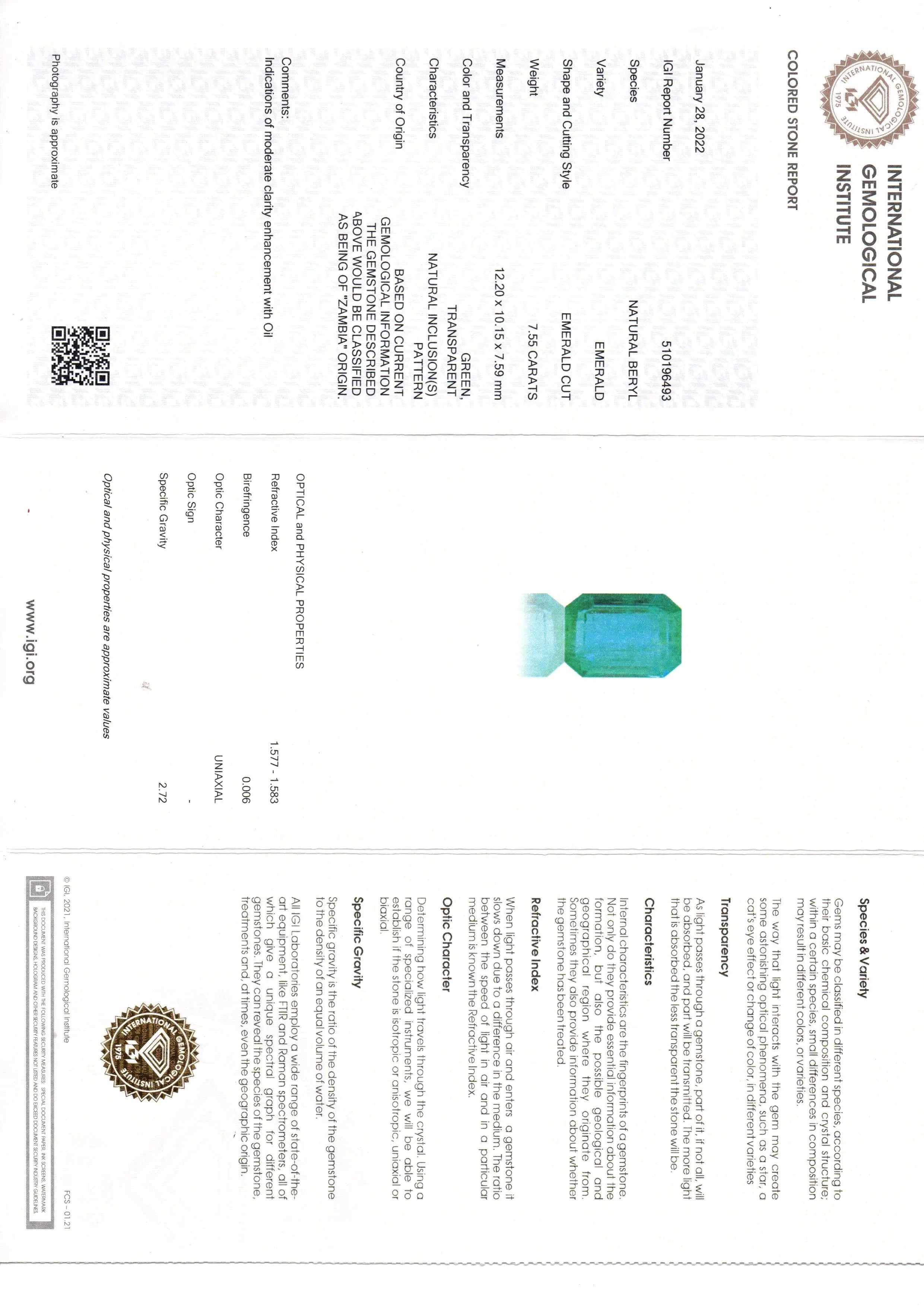 7.55 Ct IGI Certified Untreated Natural Zambian Emerald Gemstone AAA