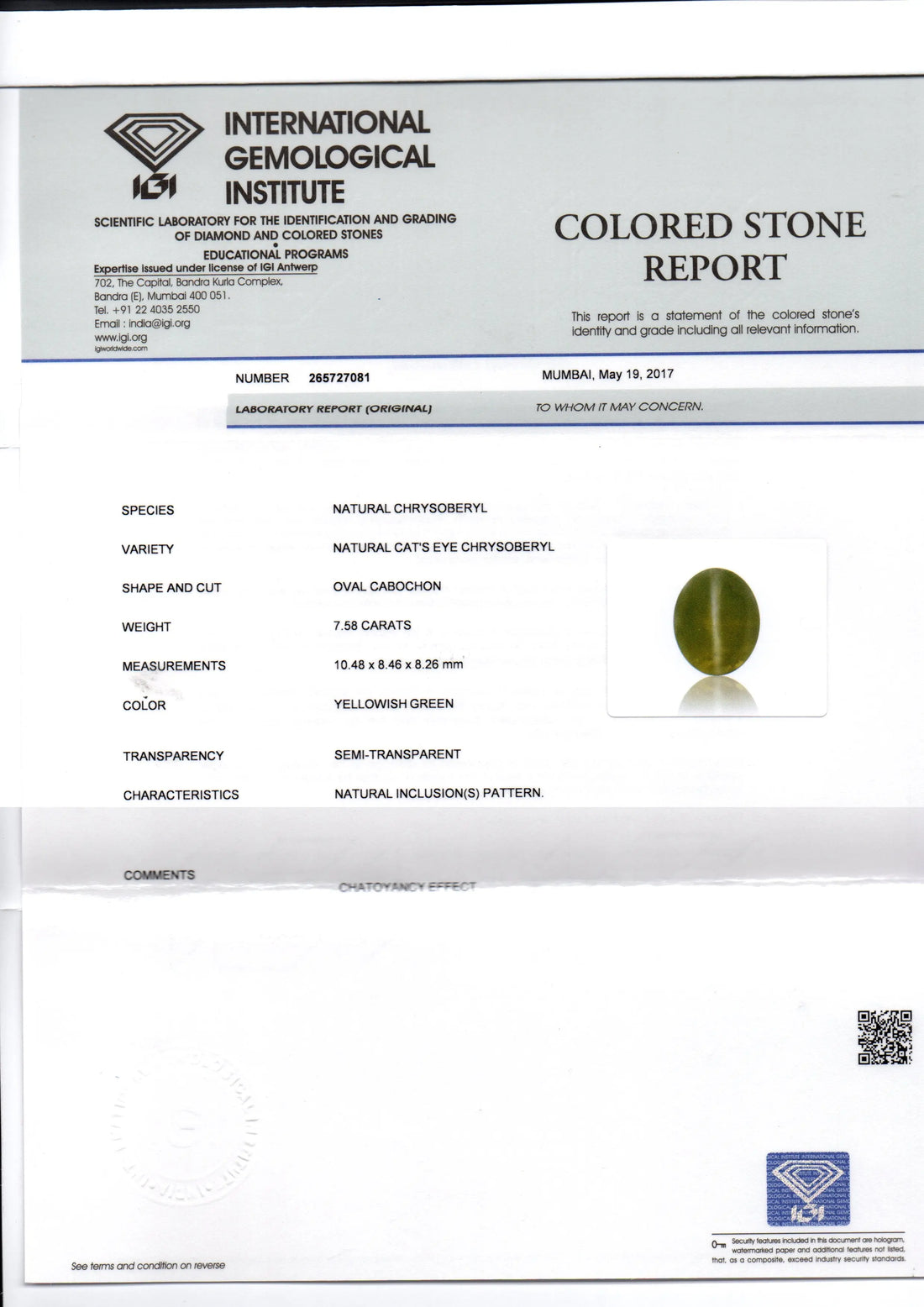 7.58 Ct IGI Certified Untreated Natural Ceylon Chrysoberyl Cats Eye Stone