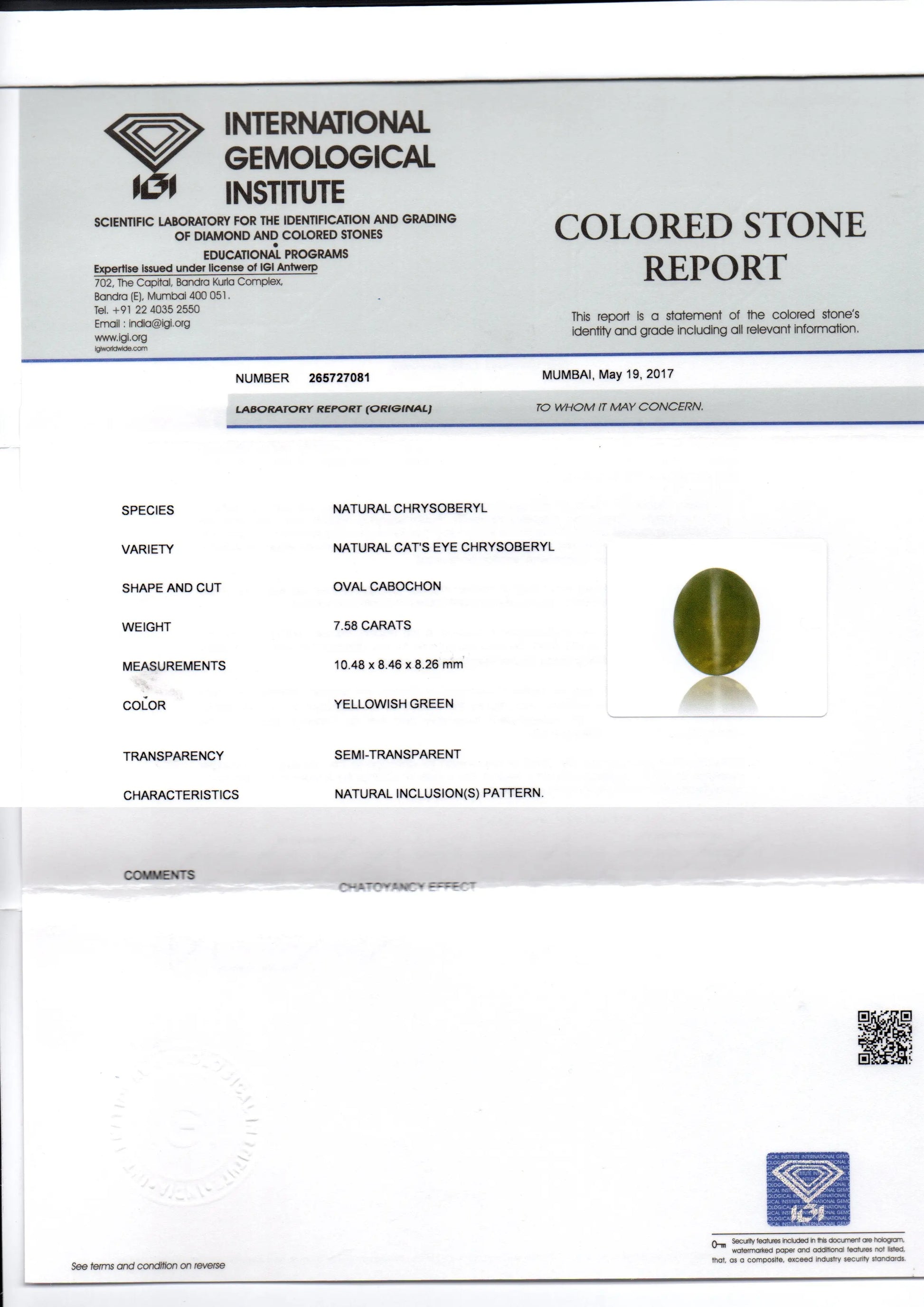 7.58 Ct IGI Certified Untreated Natural Ceylon Chrysoberyl Cats Eye Stone
