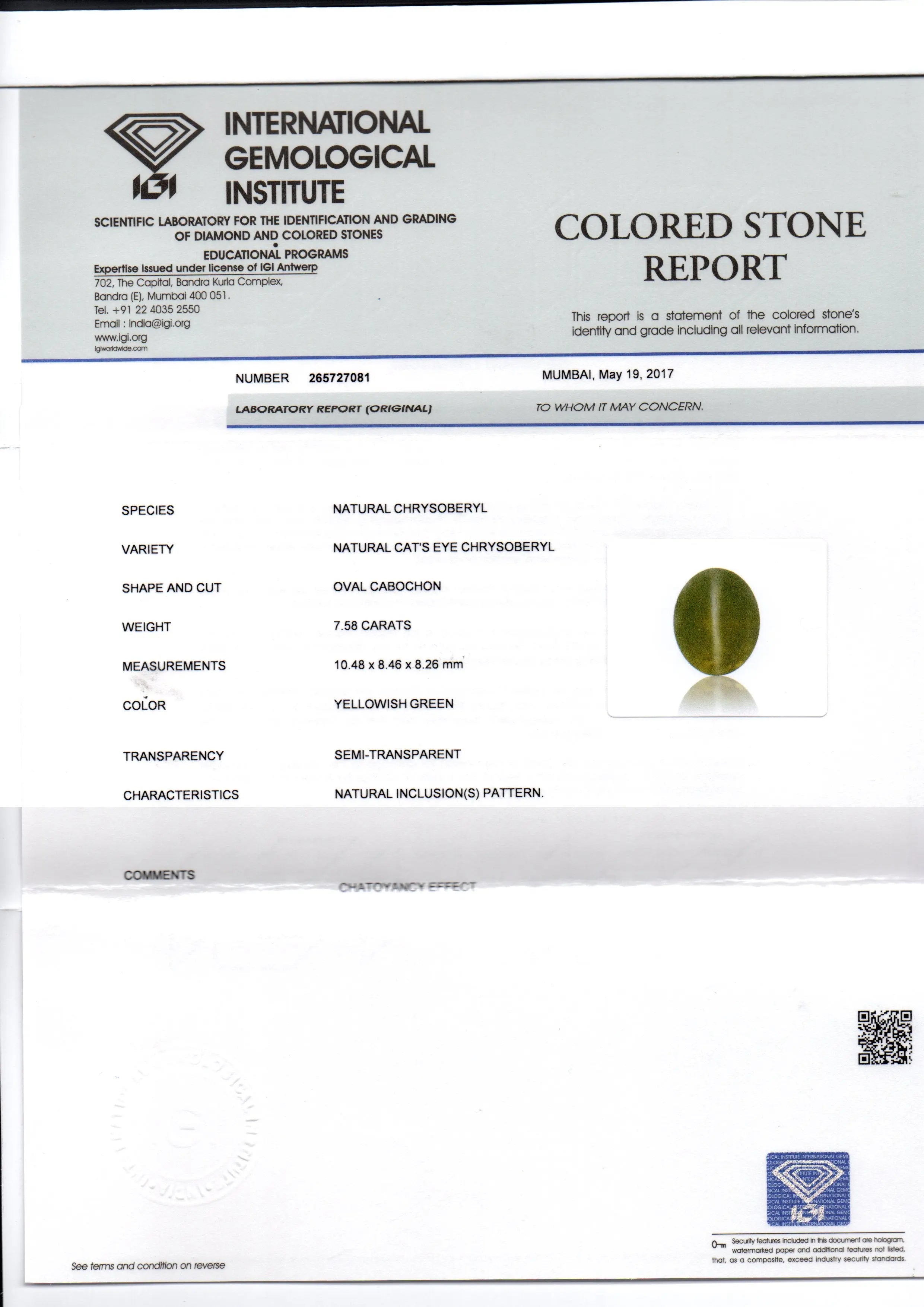 7.58 Ct IGI Certified Untreated Natural Ceylon Chrysoberyl Cats Eye Stone