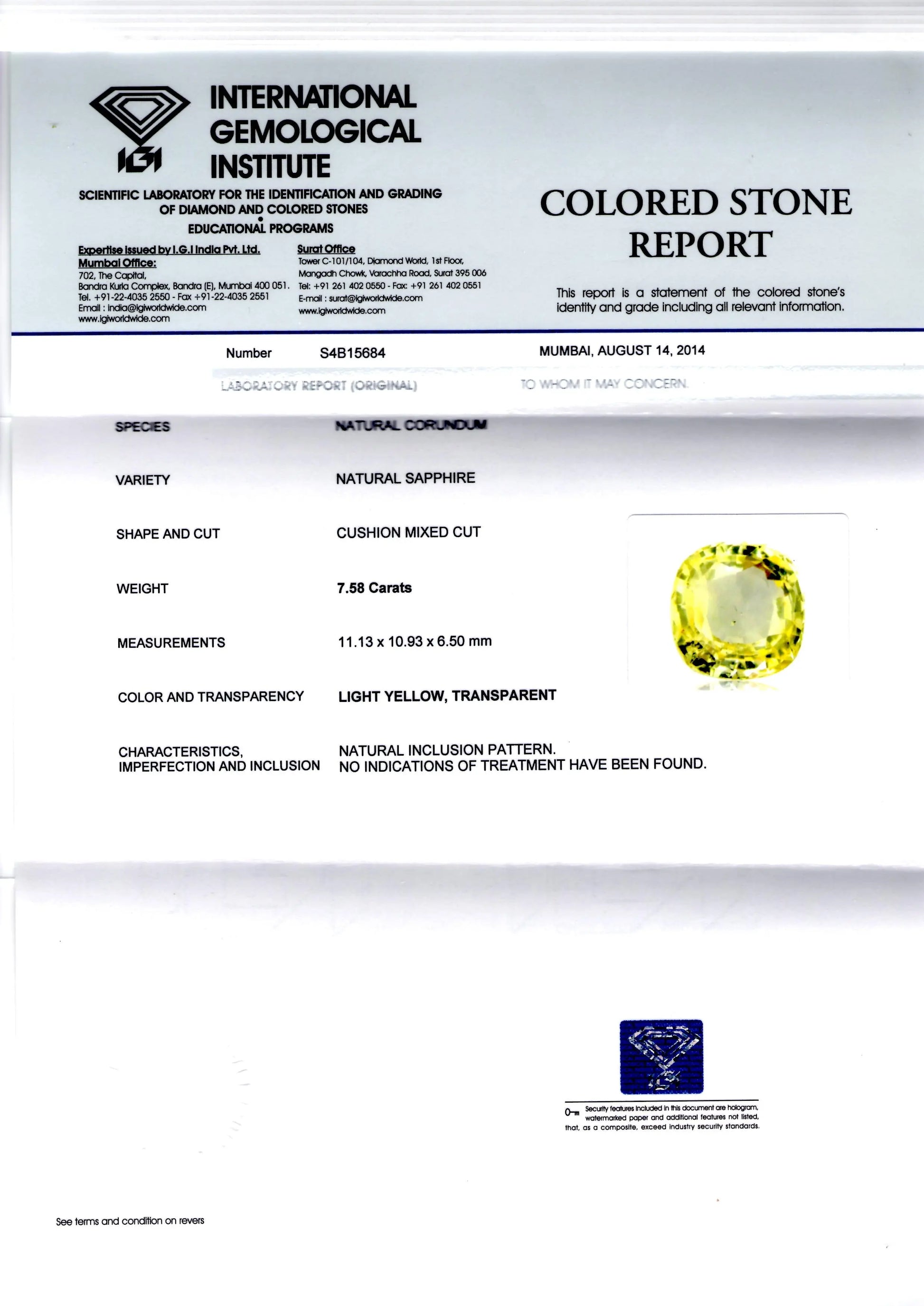 7.58 Ct Unheated Untreated Natural Ceylon Yellow Sapphire Pukhraj