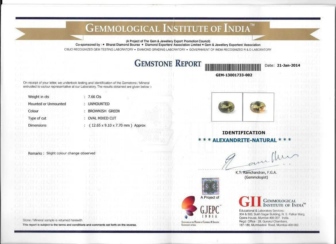 7.66 Ct Untreated Natural Colour Changing Alexandrite GII Certified