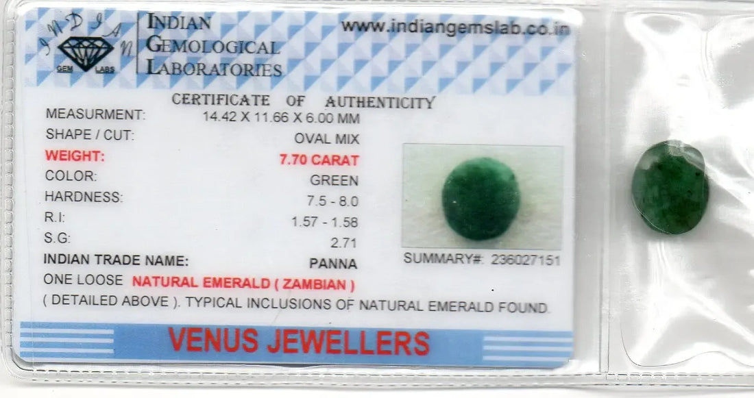 7.70 Ct Certified Untreated Natural Zambian Emerald Panna Gemstone - Venus Gems