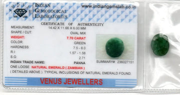 7.70 Ct Certified Untreated Natural Zambian Emerald Panna Gemstone - Venus Gems