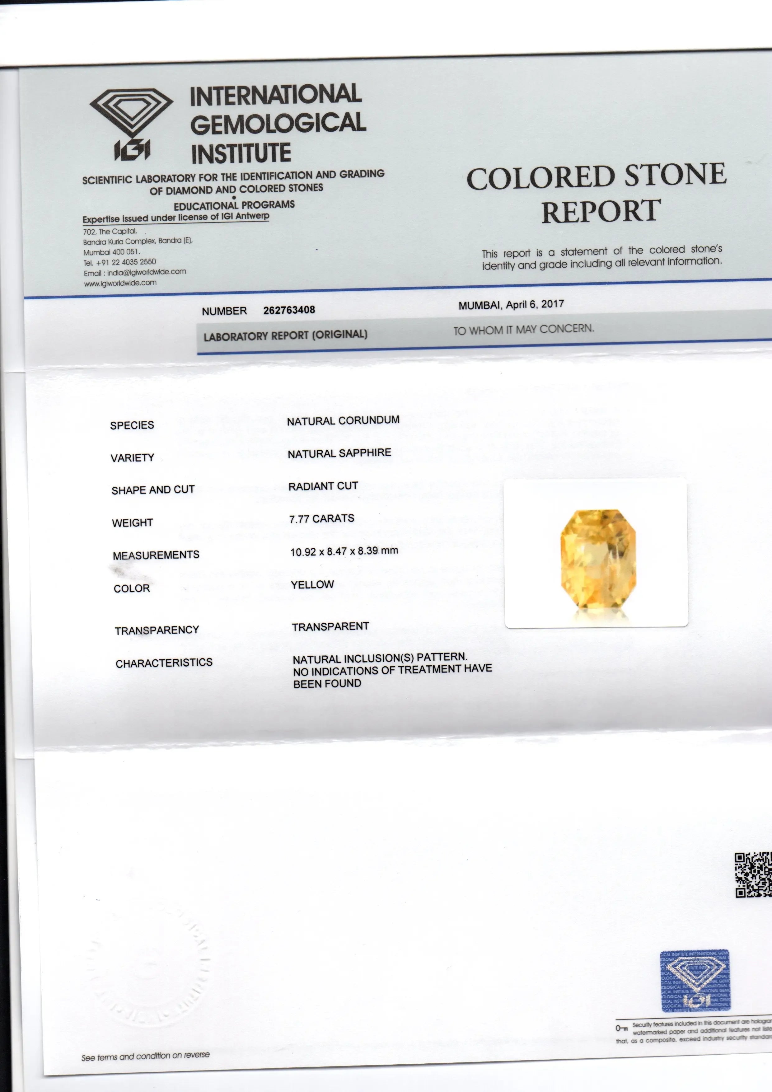 7.77 Ct IGI Certified Unheated Untreated Natural Ceylon Yellow Sapphire - Venus Gems