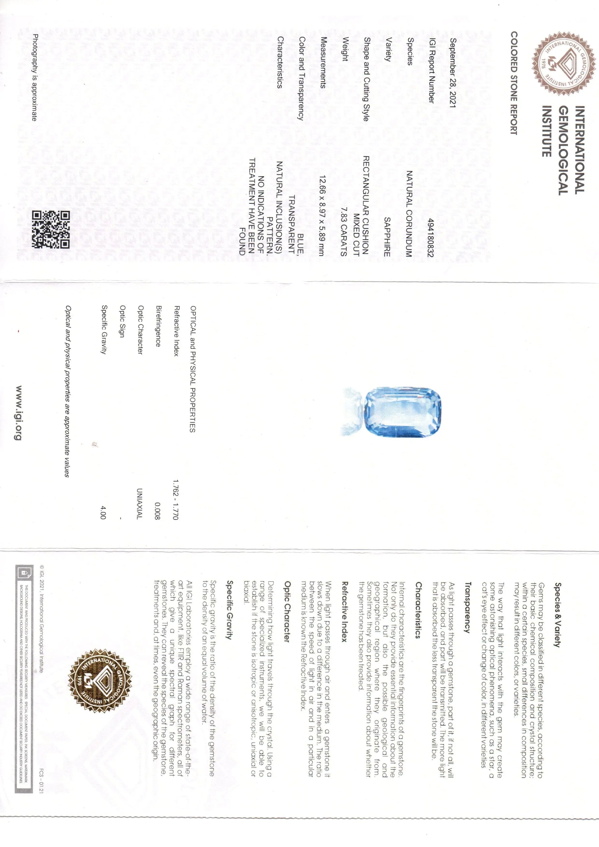 7.83 Ct IGI Certified Unheated Untreated Natural Ceylon Blue Sapphire