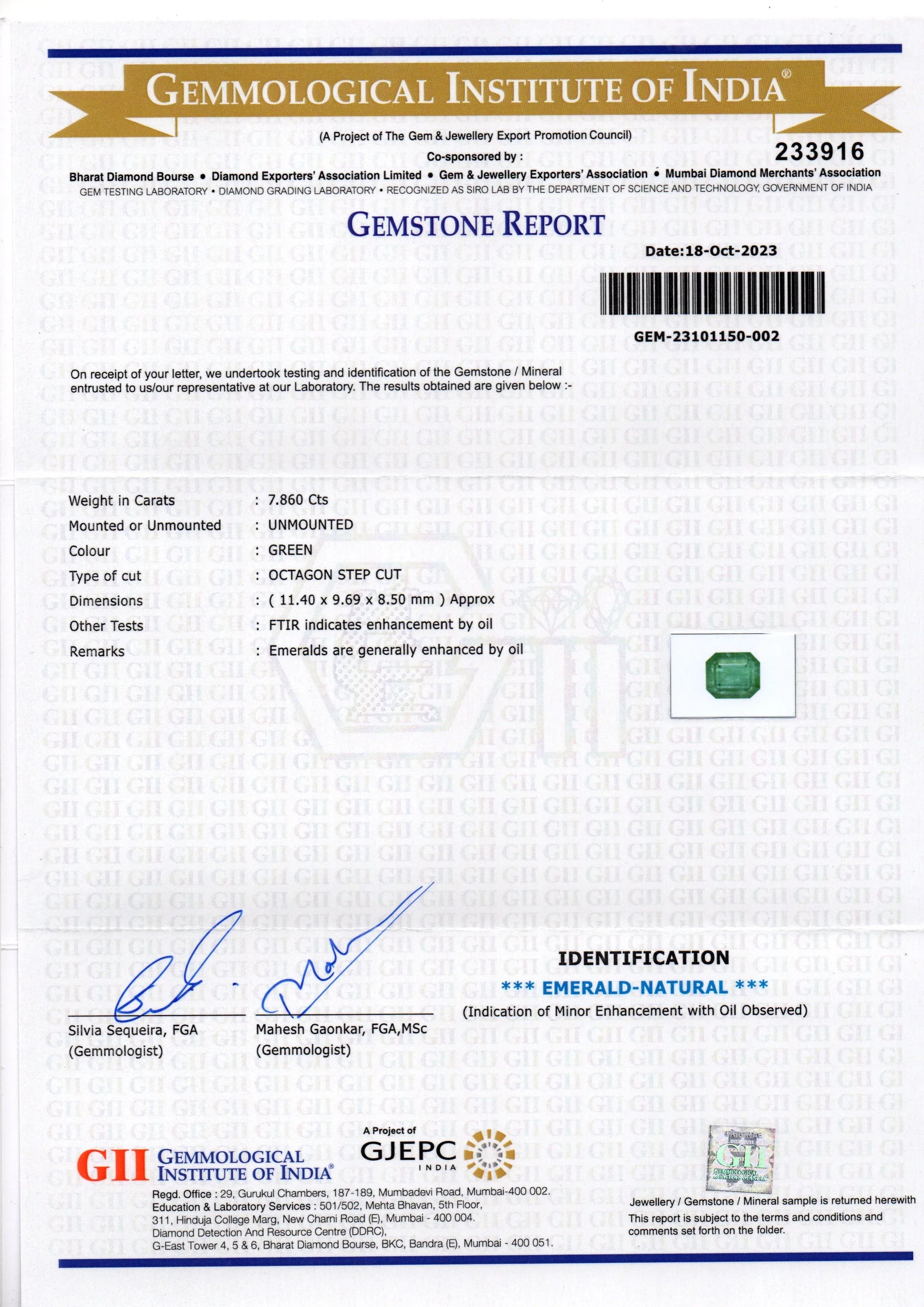 7.86 Ct GII Certified Untreated Natural Zambian Emerald Panna Gems - Venus Gems