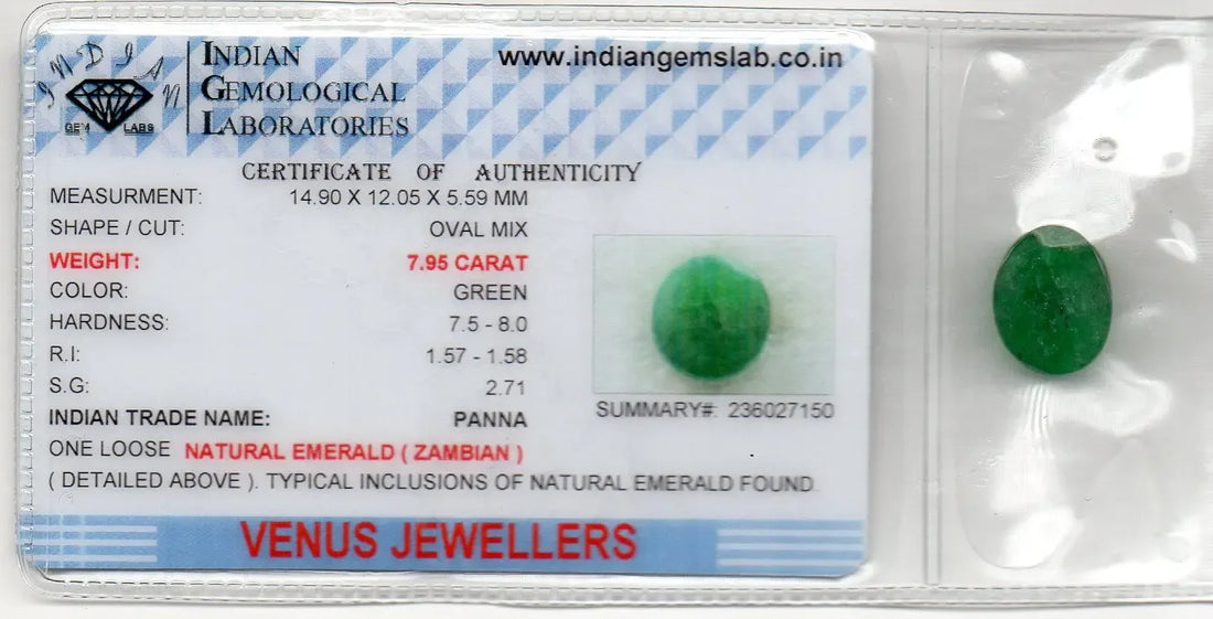 7.95 Ct Certified Untreated Natural Zambian Emerald Panna Gemstone - Venus Gems