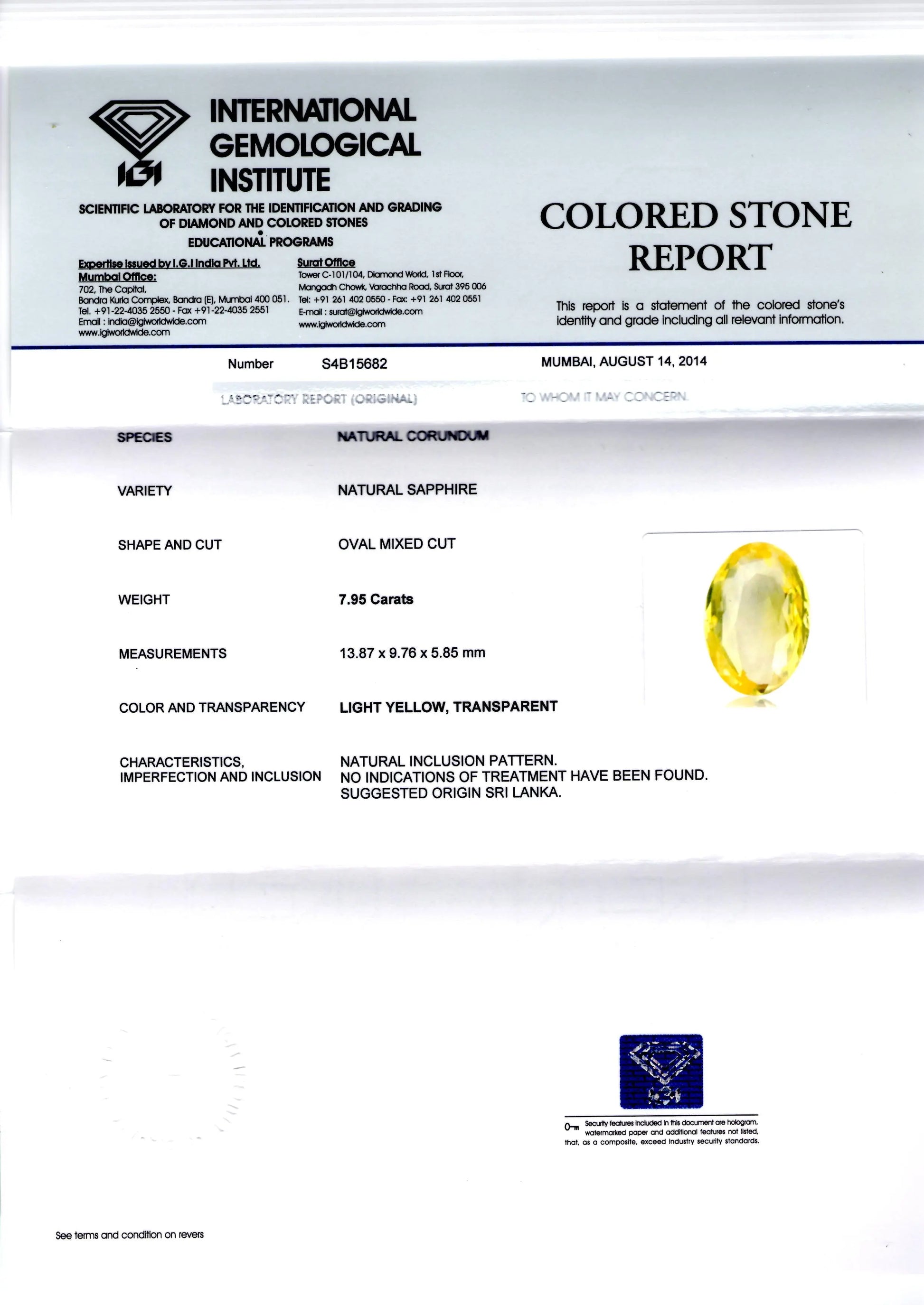 7.95 Ct Unheated Untreated Natural Ceylon Yellow Sapphire Pukhraj