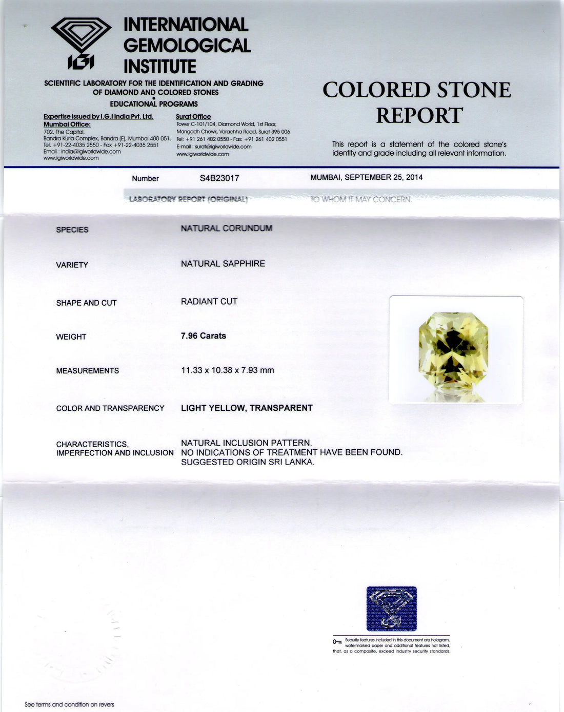 7.96 Ct IGI Certified Unheated Natural Ceylon Yellow Sapphire Gems