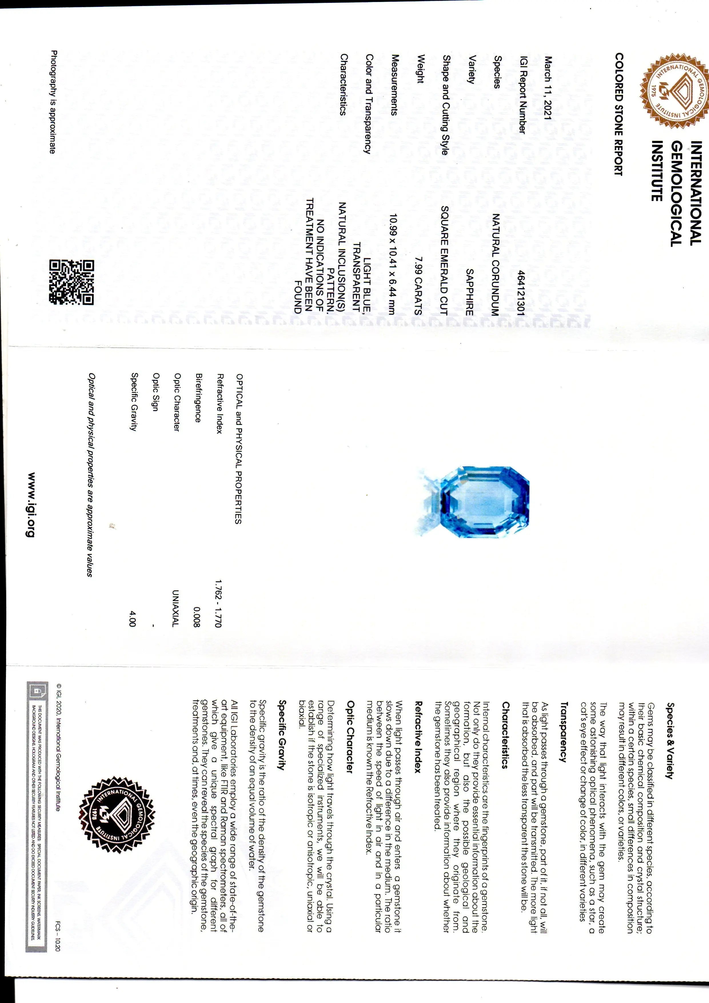 7.99 Ct IGI Certified Unheated Untreated Natural Ceylon Blue Sapphire