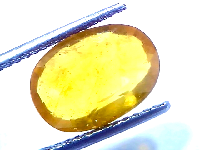 Natural yellow sapphire pukhraj stone, 7.48 carats, oval cut, heated, with a bright yellow hue and some inclusions.