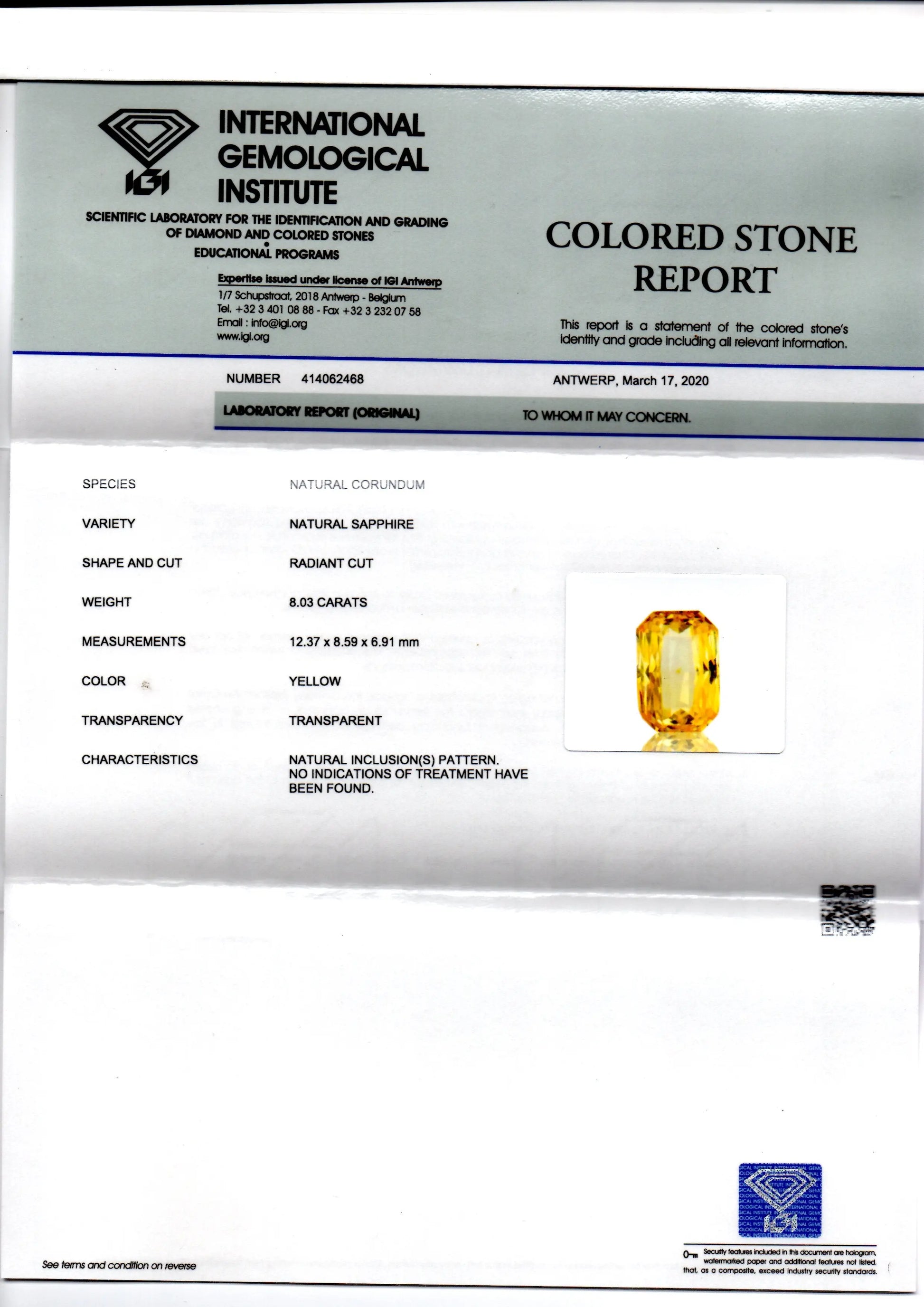 8.03 Ct IGI Certified Unheated Untreated Natural Ceylon Yellow Sapphire AAA