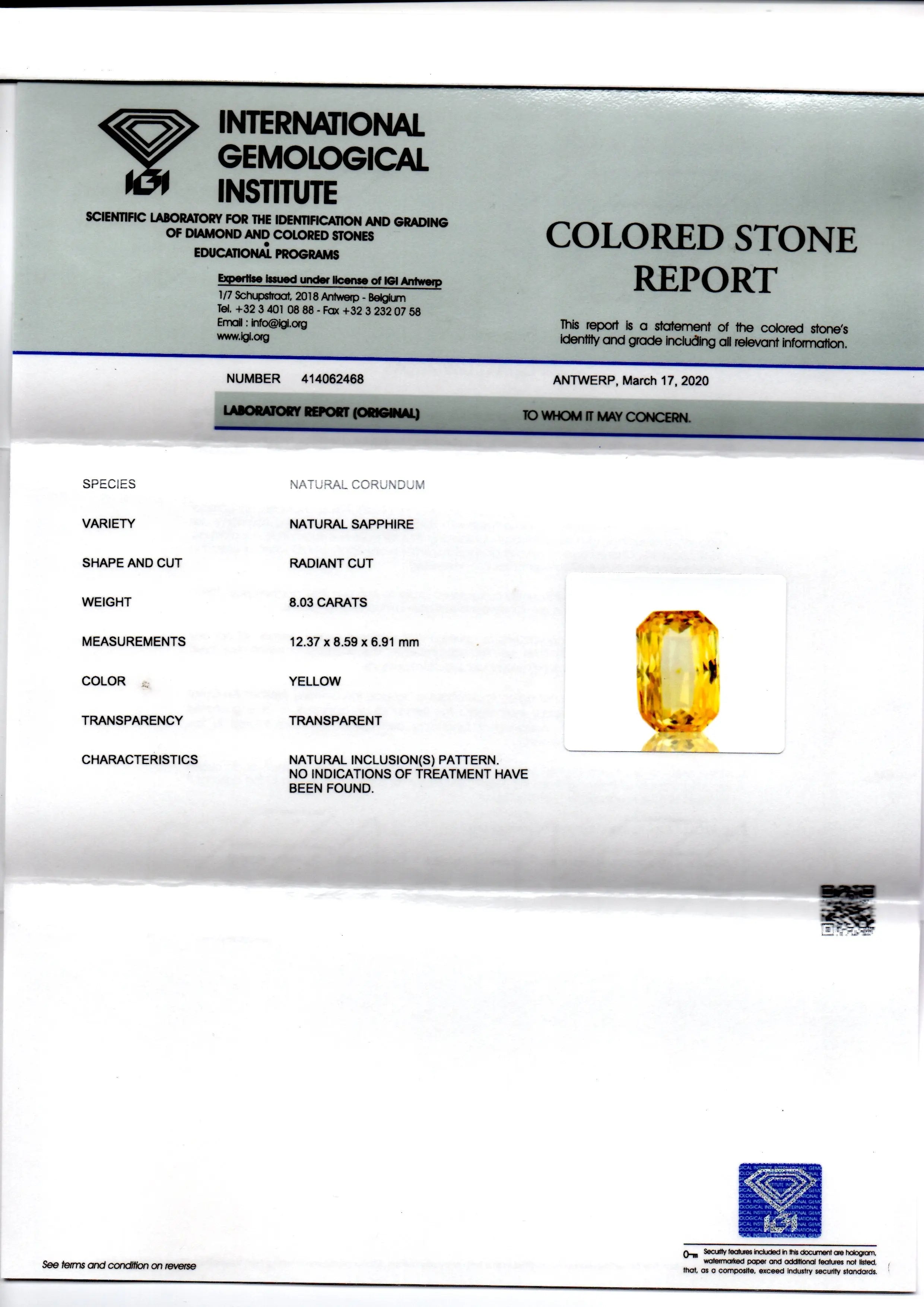 8.03 Ct IGI Certified Unheated Untreated Natural Ceylon Yellow Sapphire AAA
