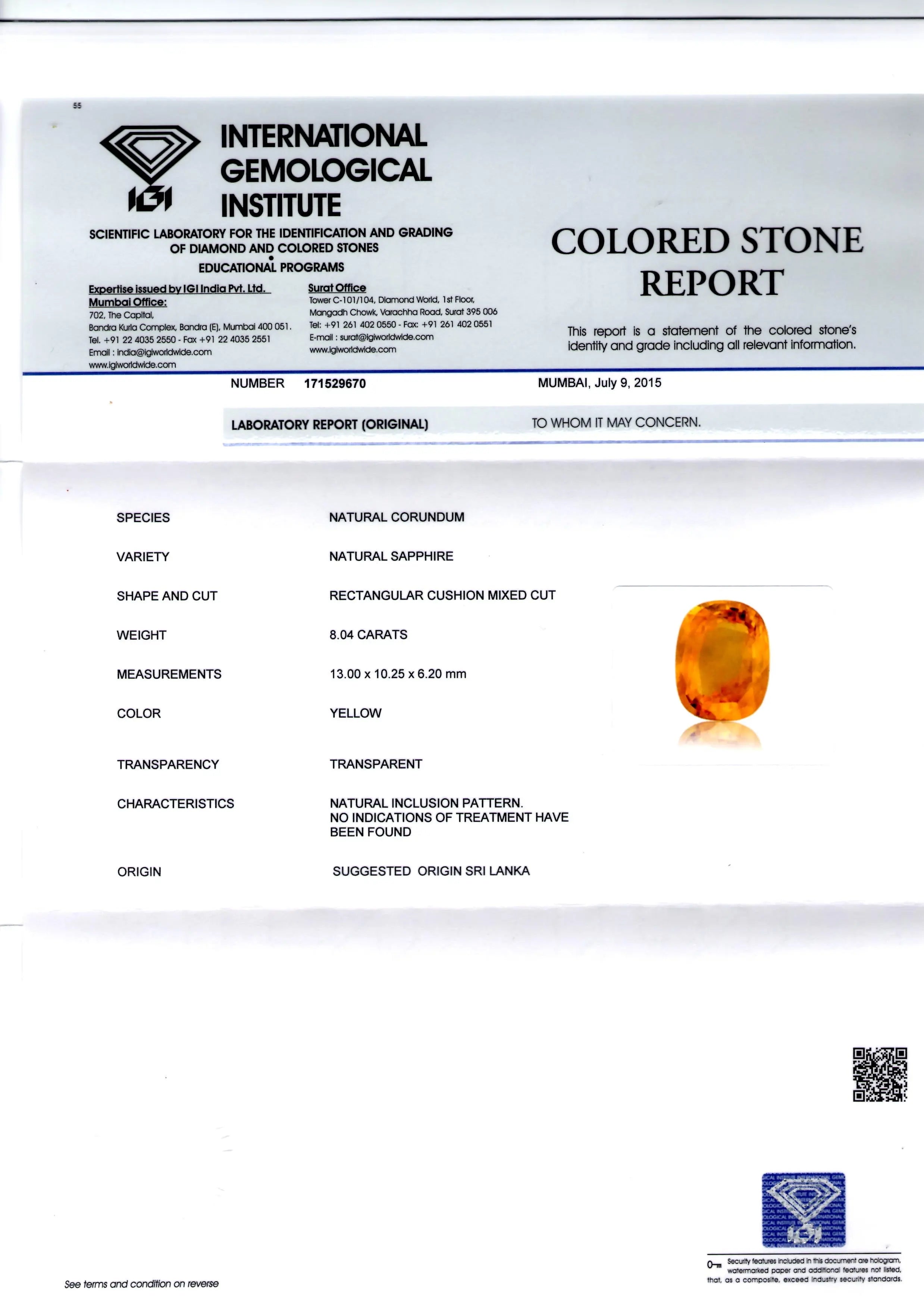 8.04 Ct IGI Certified Unheated Natural Ceylon Yellow Sapphire AAAAA
