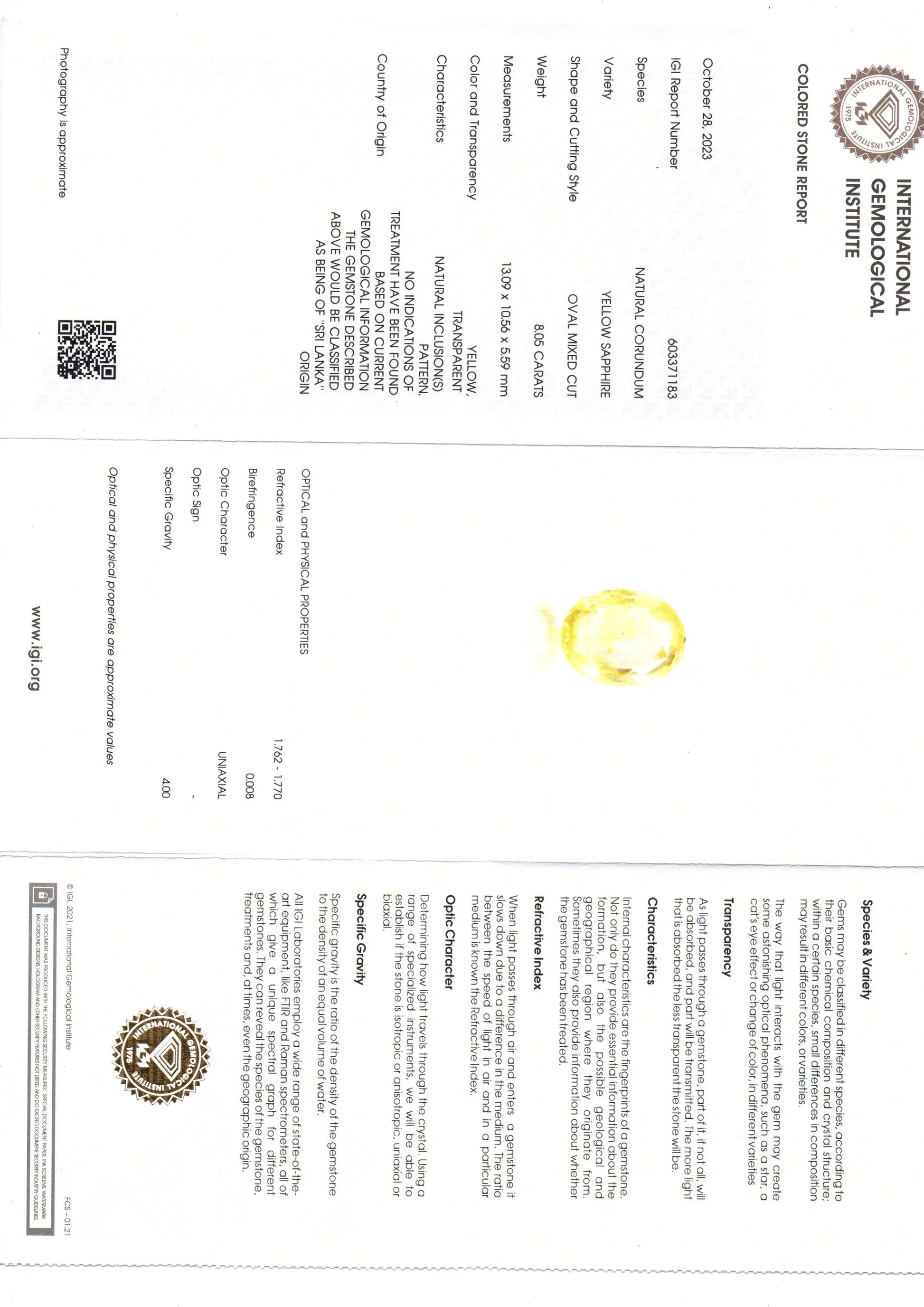 8.05 Ct IGI Certified Unheated Untreated Natural Ceylon Yellow Sapphire - Venus Gems