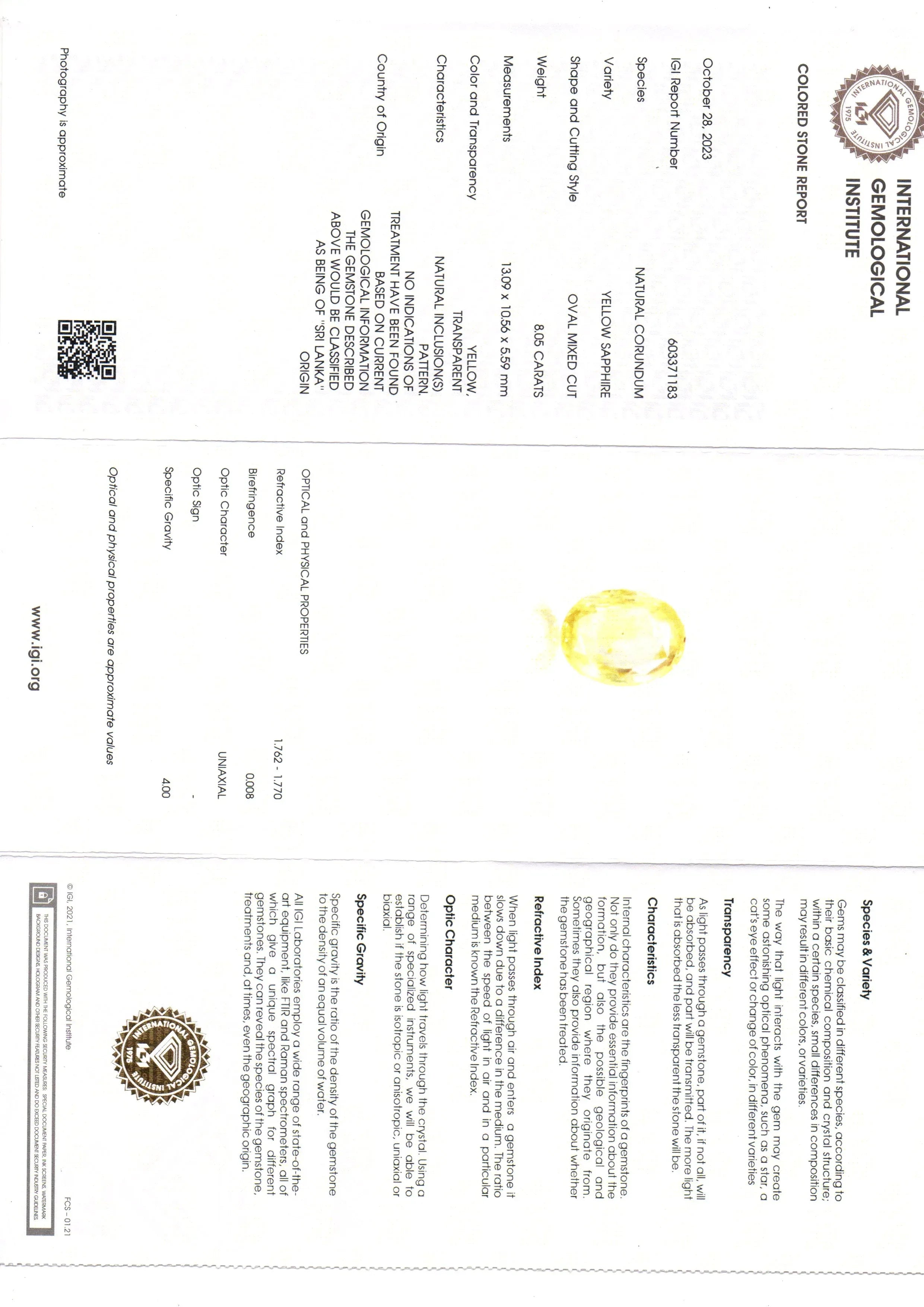8.05 Ct IGI Certified Unheated Untreated Natural Ceylon Yellow Sapphire - Venus Gems
