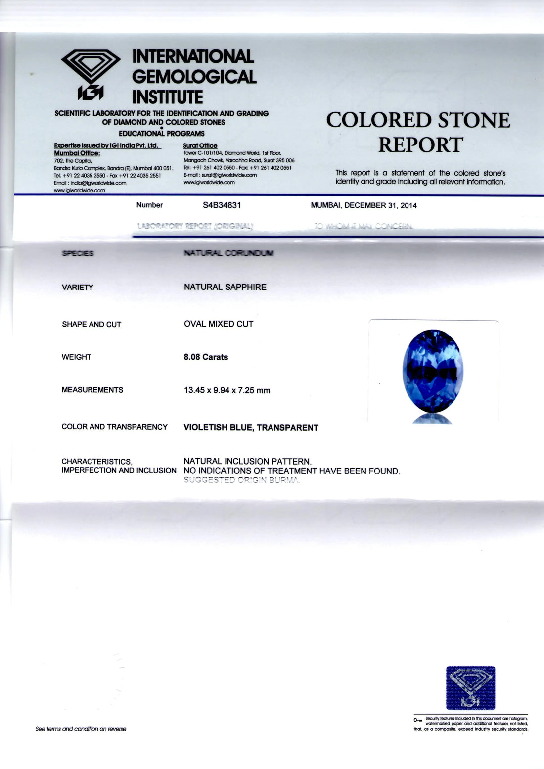 8.08 Ct Unheated Untreated Natural Burma Blue Sapphire AAAAA