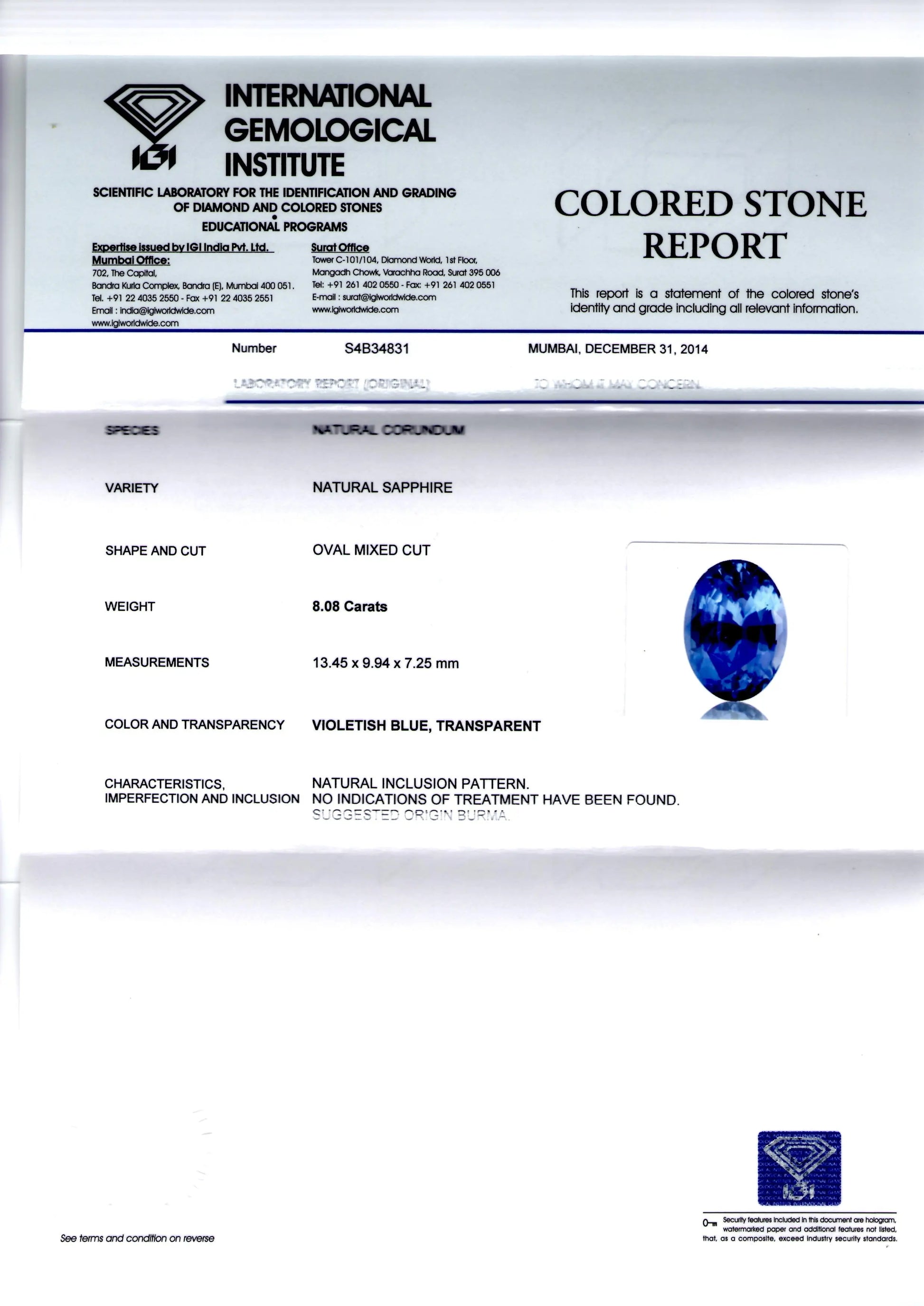 8.08 Ct Unheated Untreated Natural Burma Blue Sapphire AAAAA