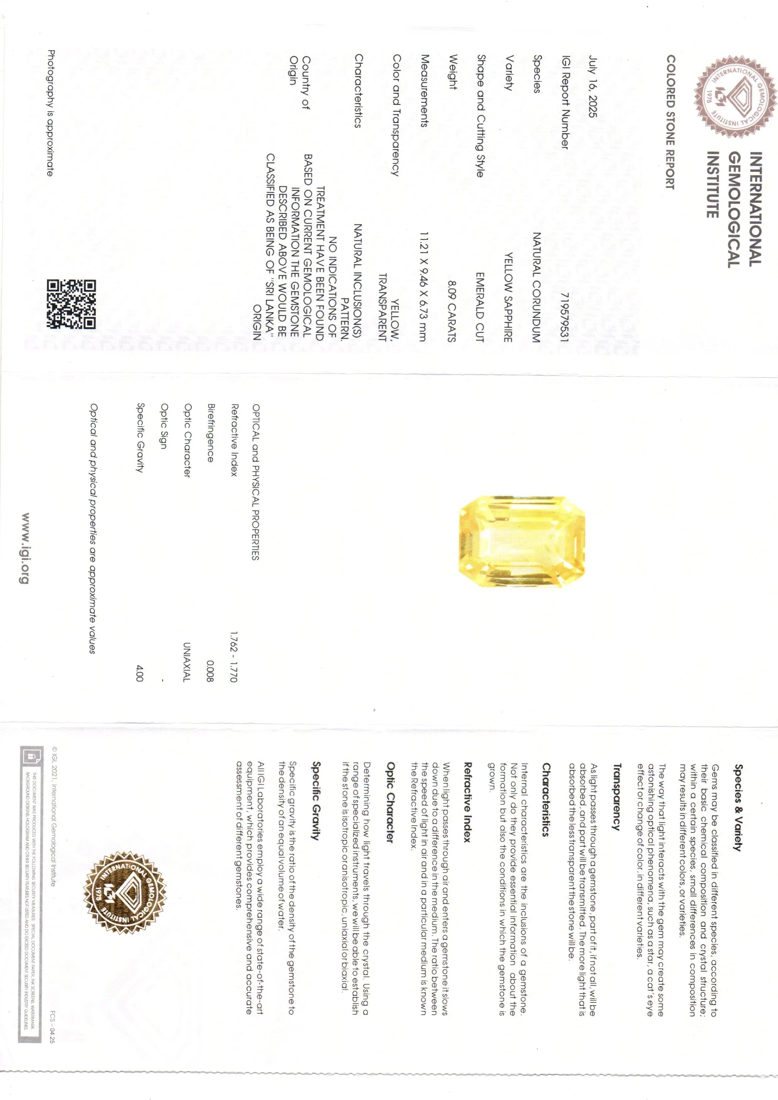 8.09 Ct IGI Certified Unheated Untreated Natural Ceylon Yellow Sapphire AAAA - Venus Gems