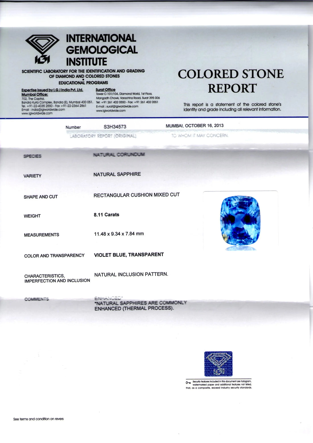8.11 Ct IGI Certified Untreated Natural Ceylon Blue Sapphire AAA