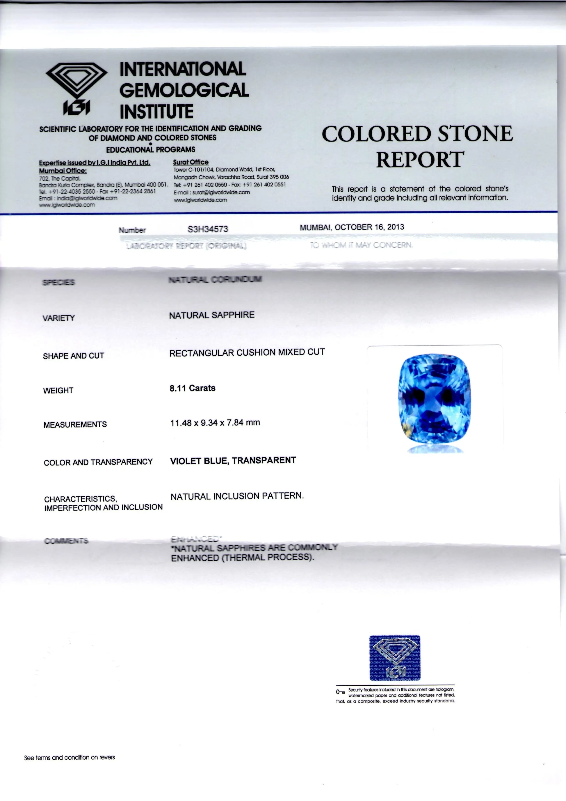 8.11 Ct IGI Certified Untreated Natural Ceylon Blue Sapphire AAA
