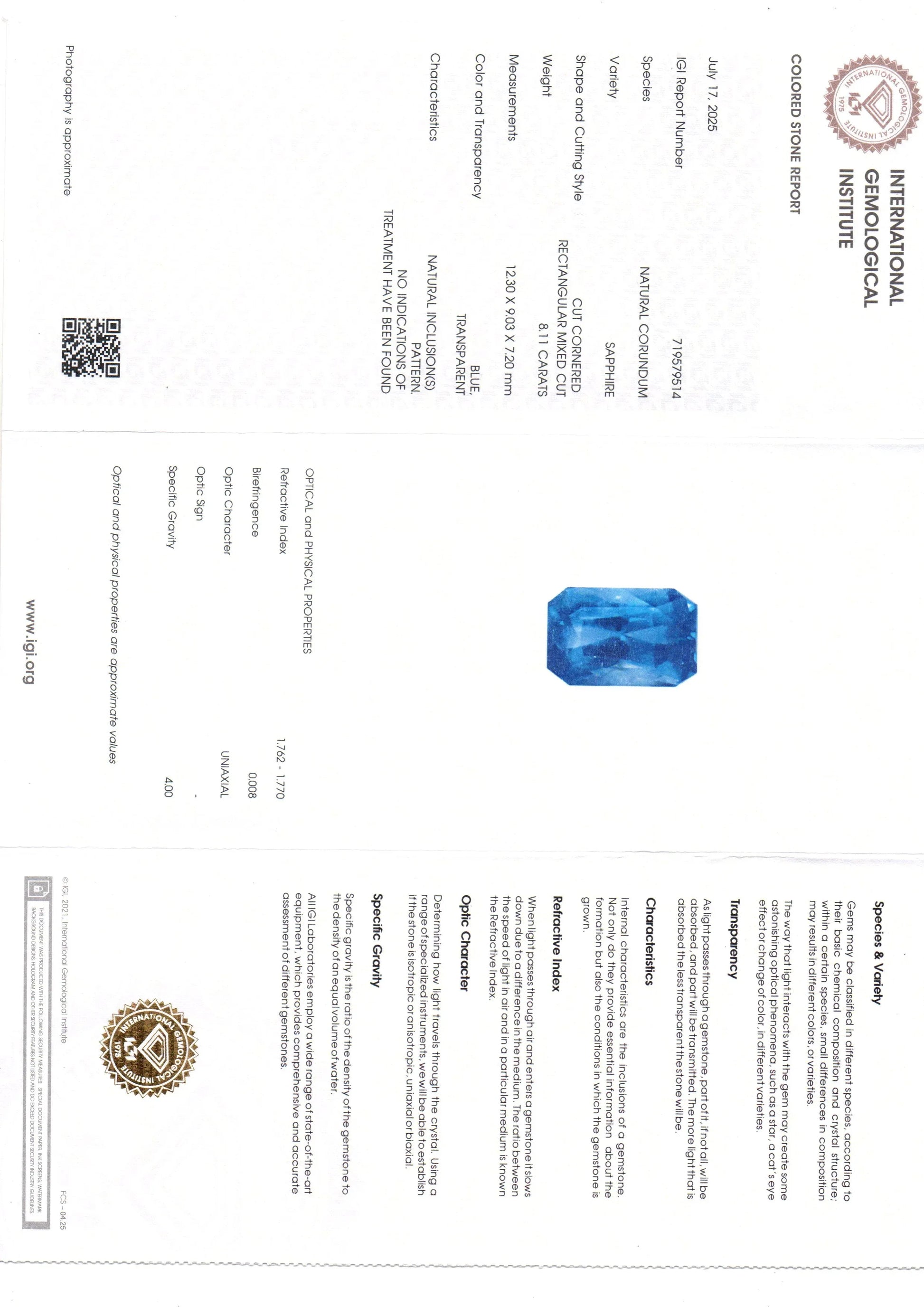 8.11 Ct IGI Certified Unheated Untreated Natural Ceylon Blue Sapphire - Venus Gems