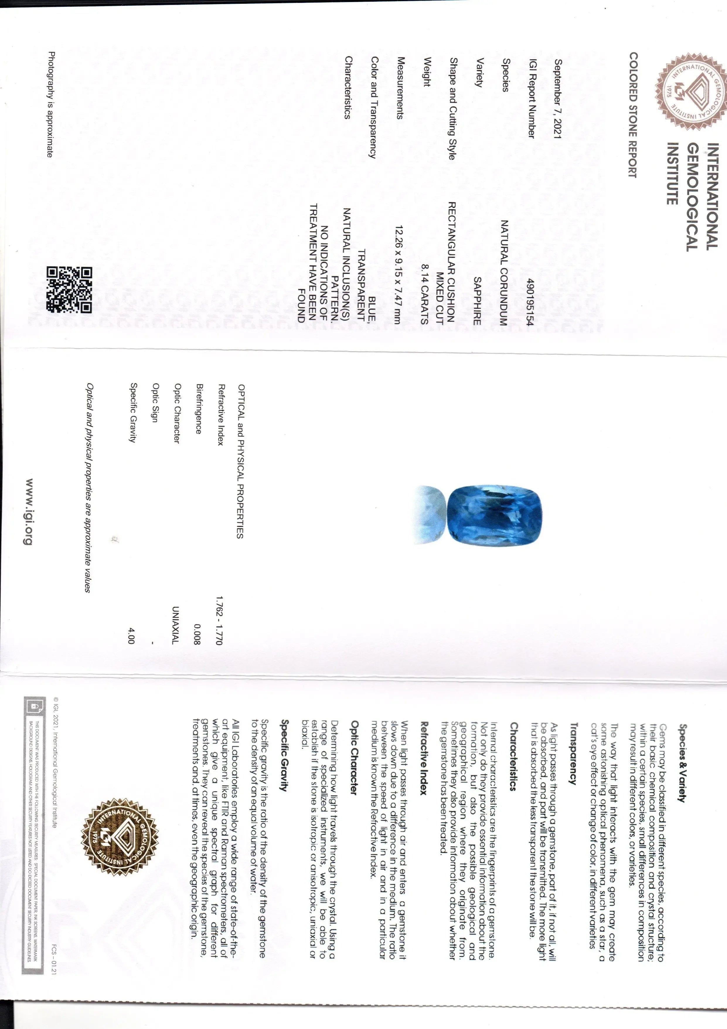 8.14 Ct IGI Certified Unheated Untreated Natural Ceylon Blue Sapphire - Venus Gems