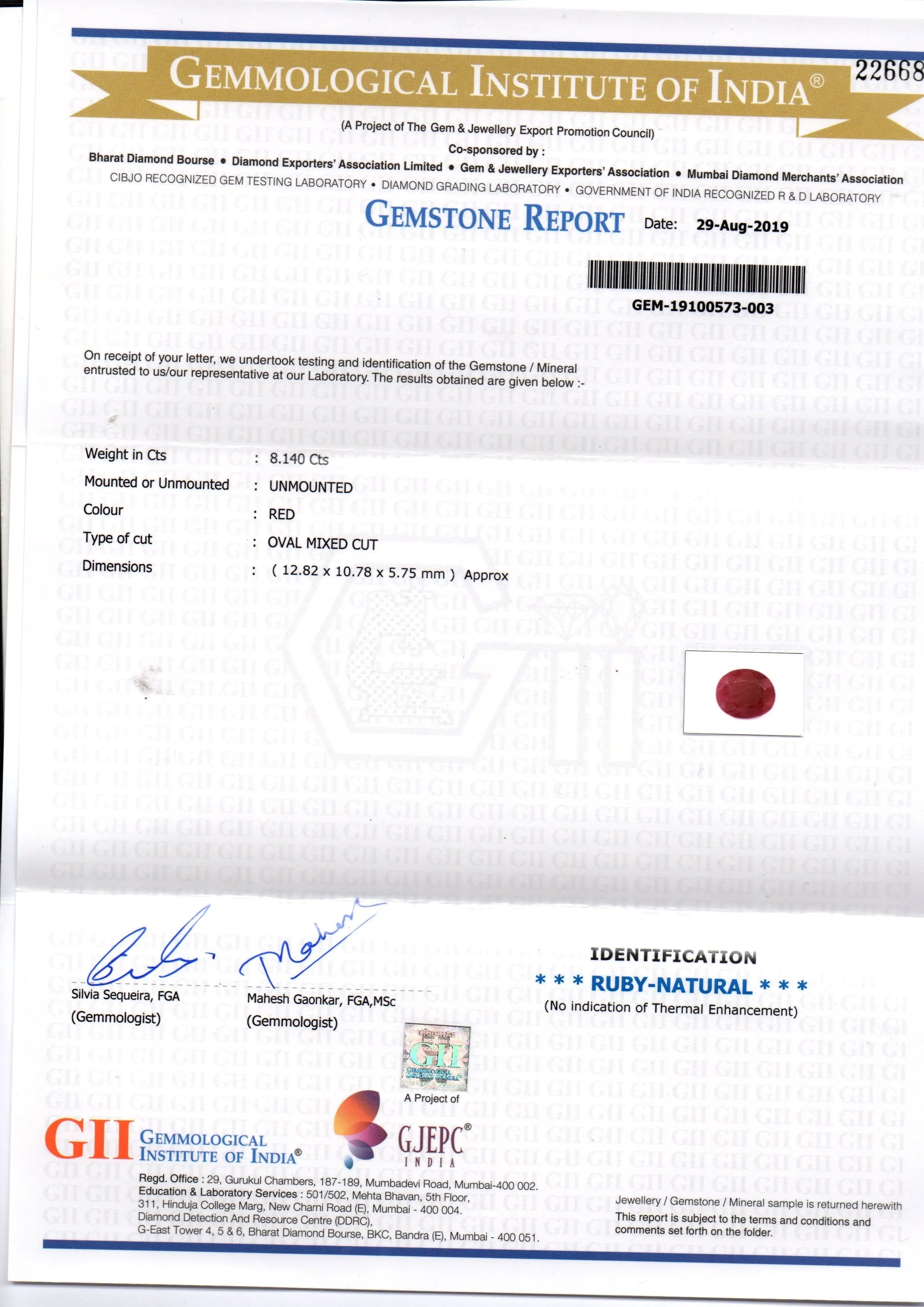 8.14 Ct GII Certified Unheated Untreated Natural New Burma Ruby