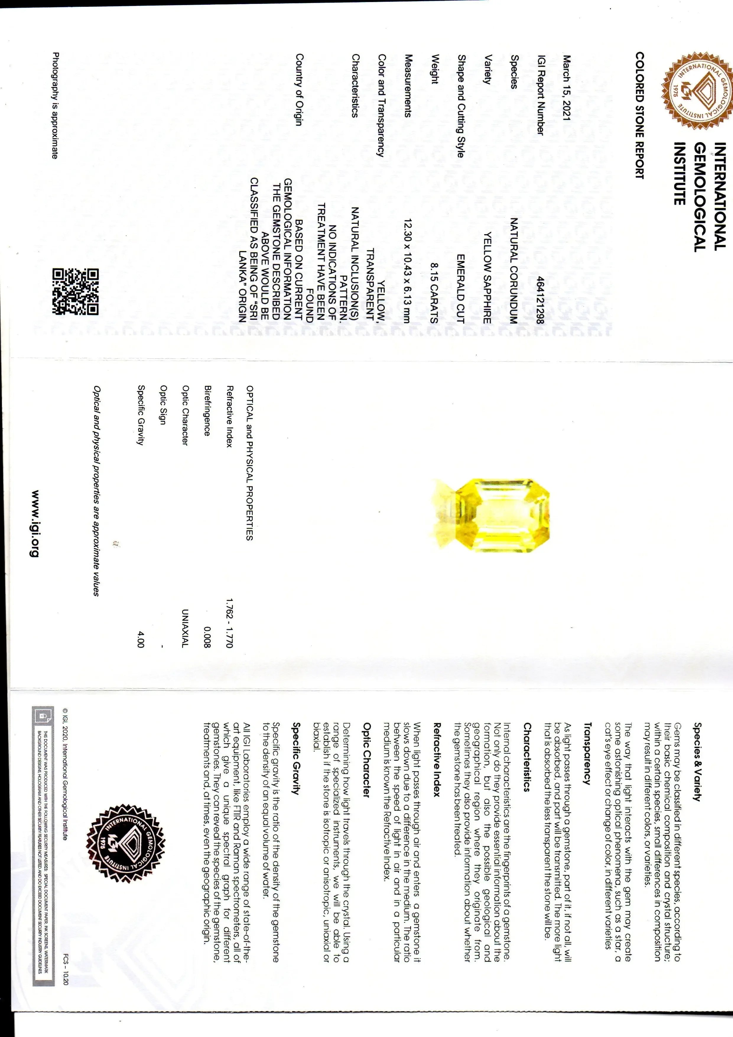 8.15 Ct IGI Certified Unheated Untreated Natural Ceylon Yellow Sapphire AAA - Venus Gems