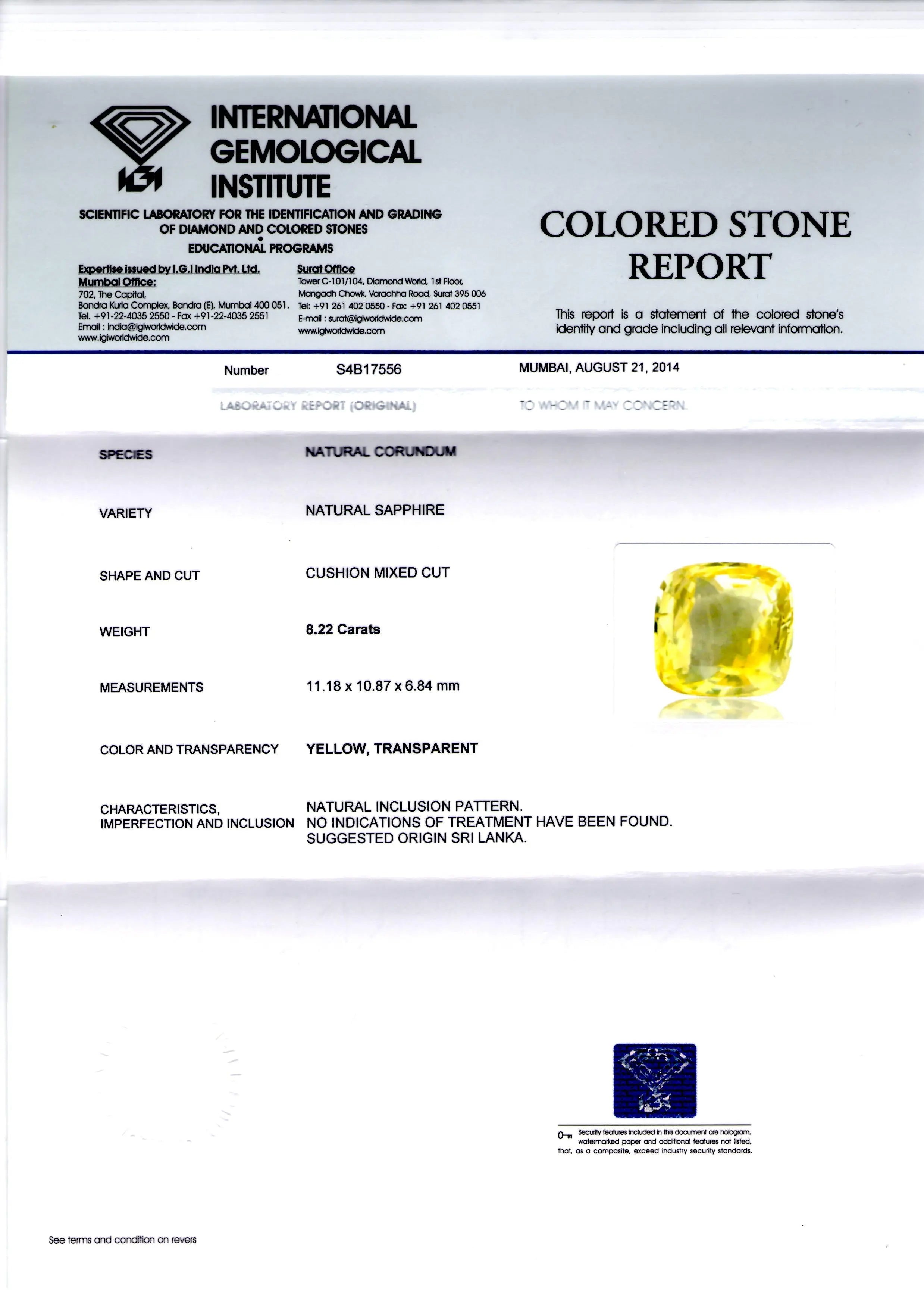 8.22 Ct Unheated Untreated Natural Ceylon Yellow Sapphire/Pukhraj AA
