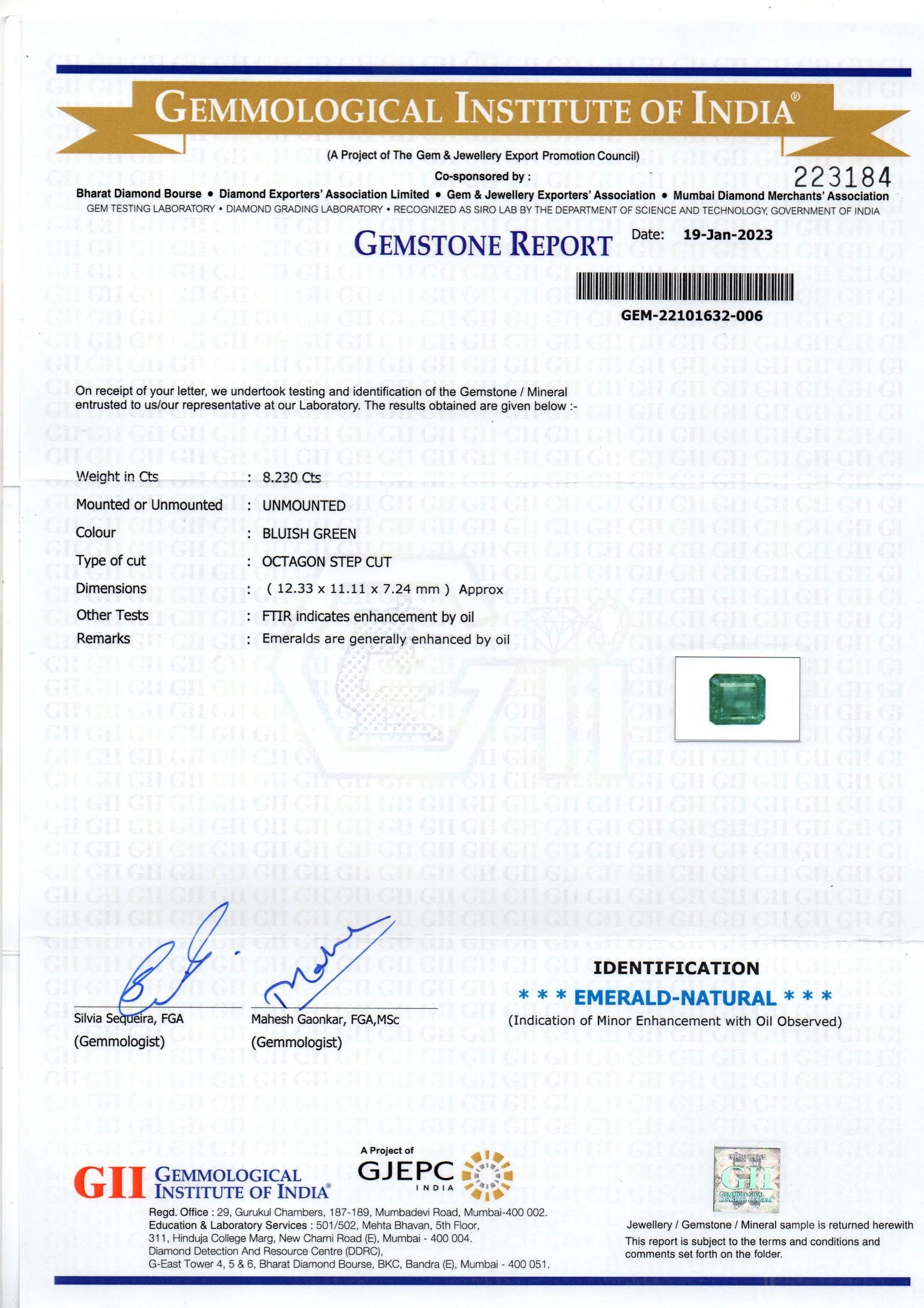 8.23 Ct Certified Untreated Natural Zambian Emerald Gemstone Panna