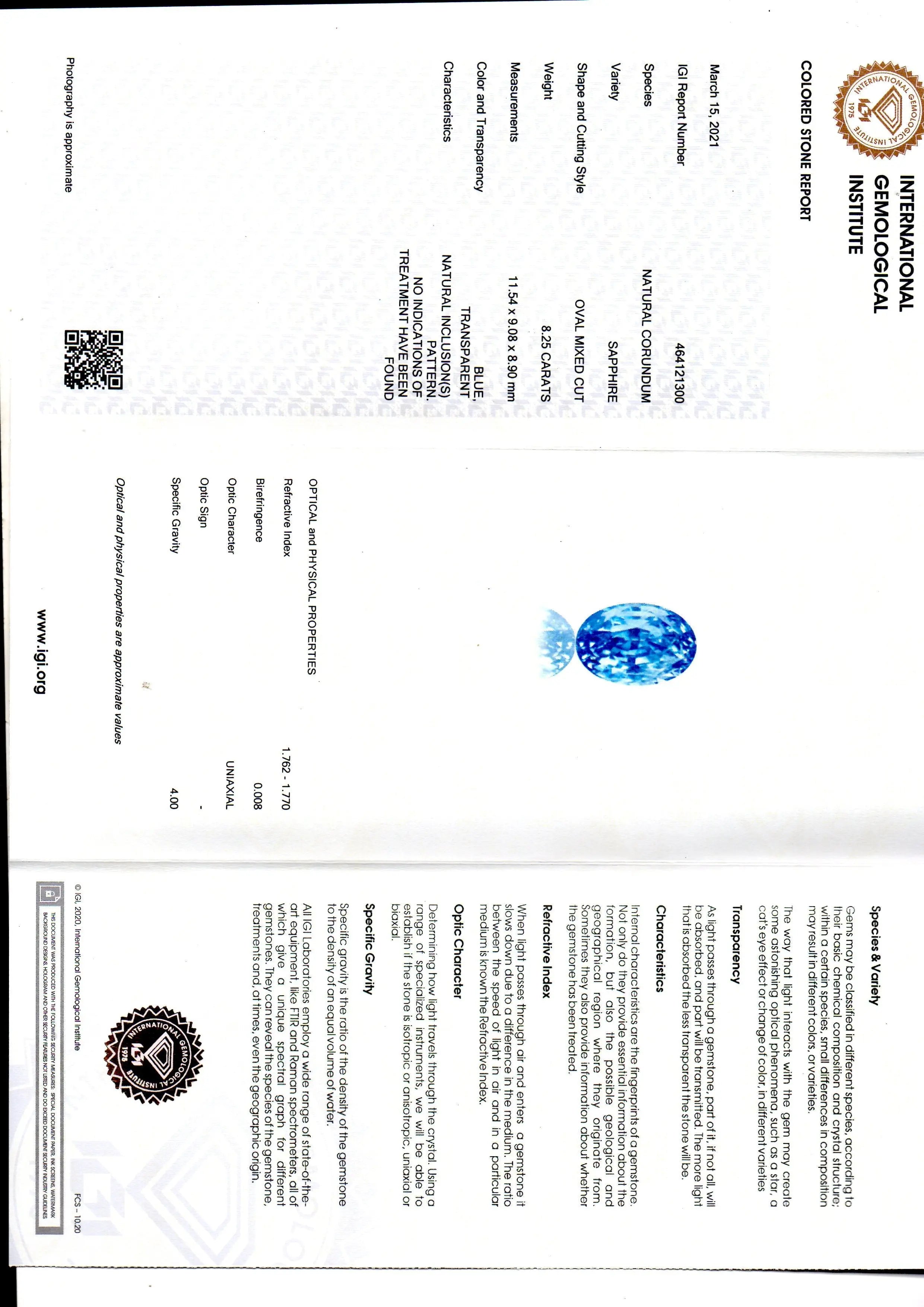 8.25 Ct IGI Certified Unheated Untreated Natural Ceylon Blue Sapphire