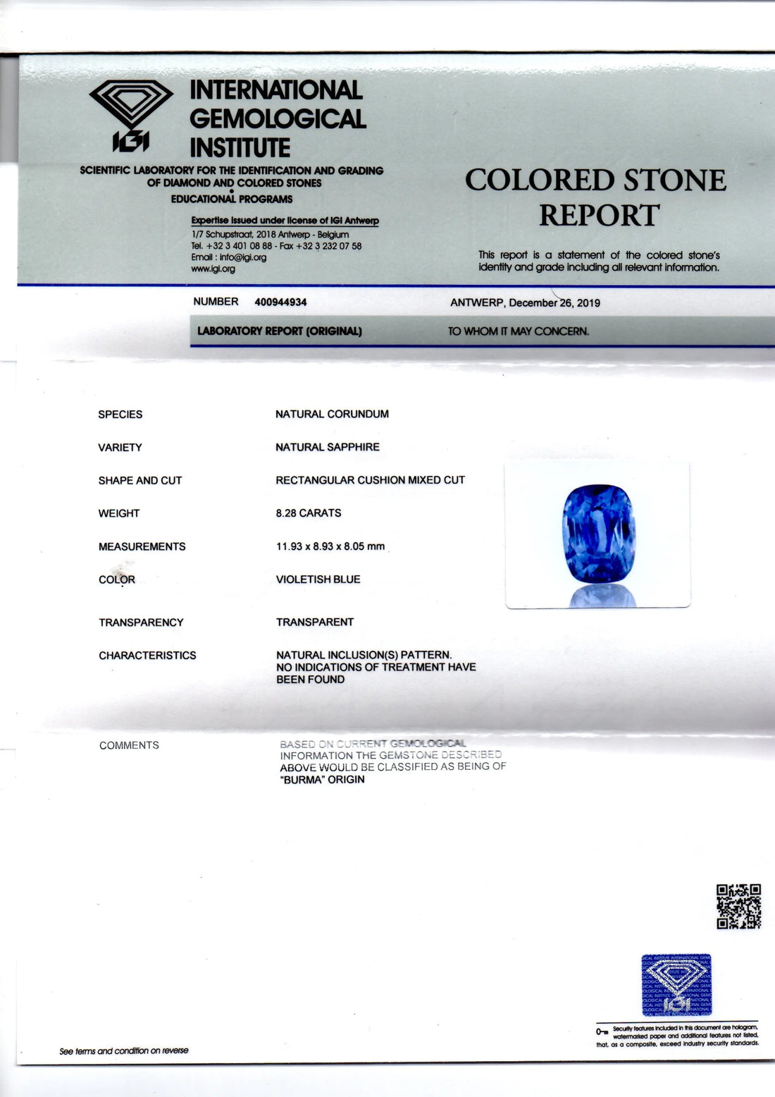 8.28 Ct IGI Certified Unheated Untreated Burma Blue Sapphire AAAAA