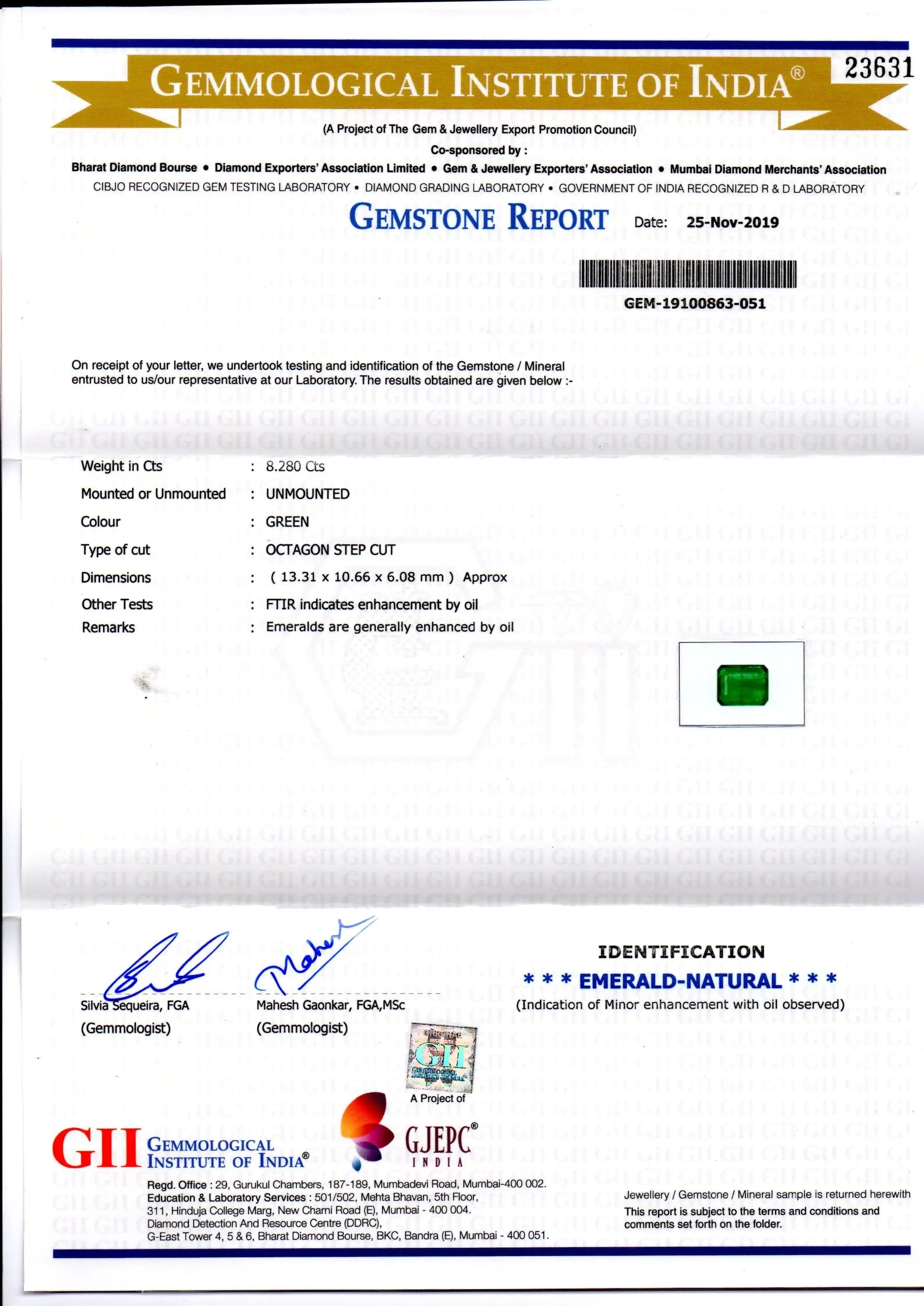 8.28 Ct GII Certified Untreated Natural Zambian Emerald Gems AAA - Venus Gems