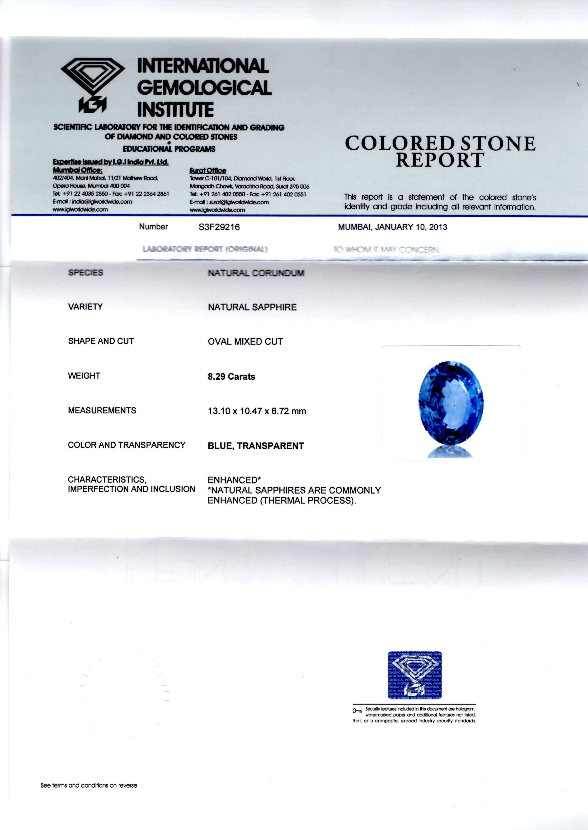 8.29 Ct Top Grade IGI Certified Natural Ceylon Blue Sapphire AAA
