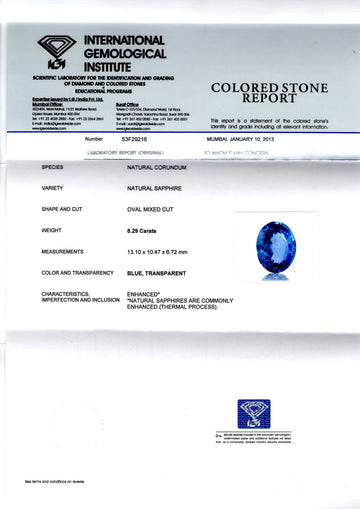 8.29 Ct Top Grade IGI Certified Natural Ceylon Blue Sapphire AAA