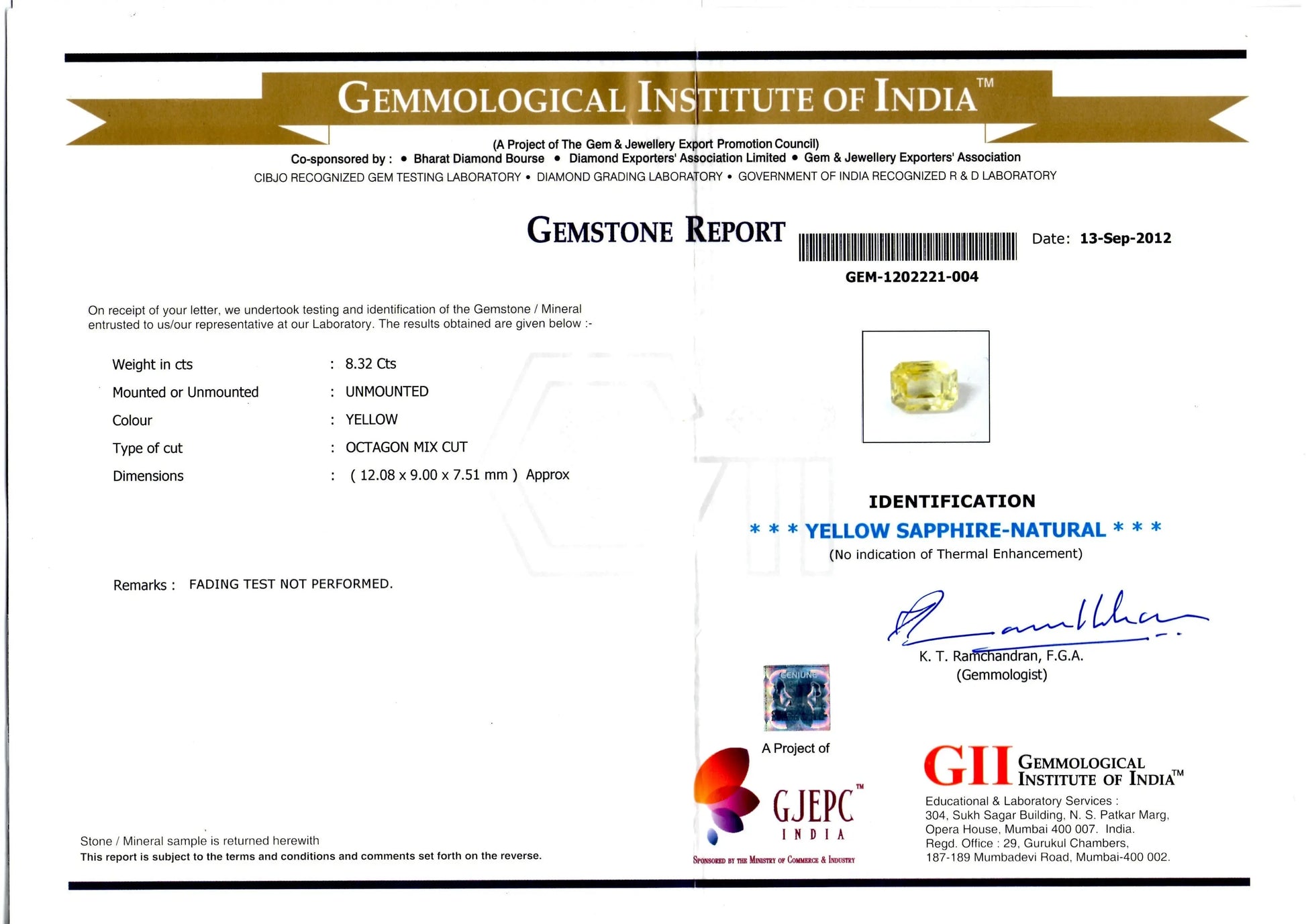 8.32 Ct GII Certified Unheated Untreated Natural Ceylon Yellow Sapphire Pukhraj