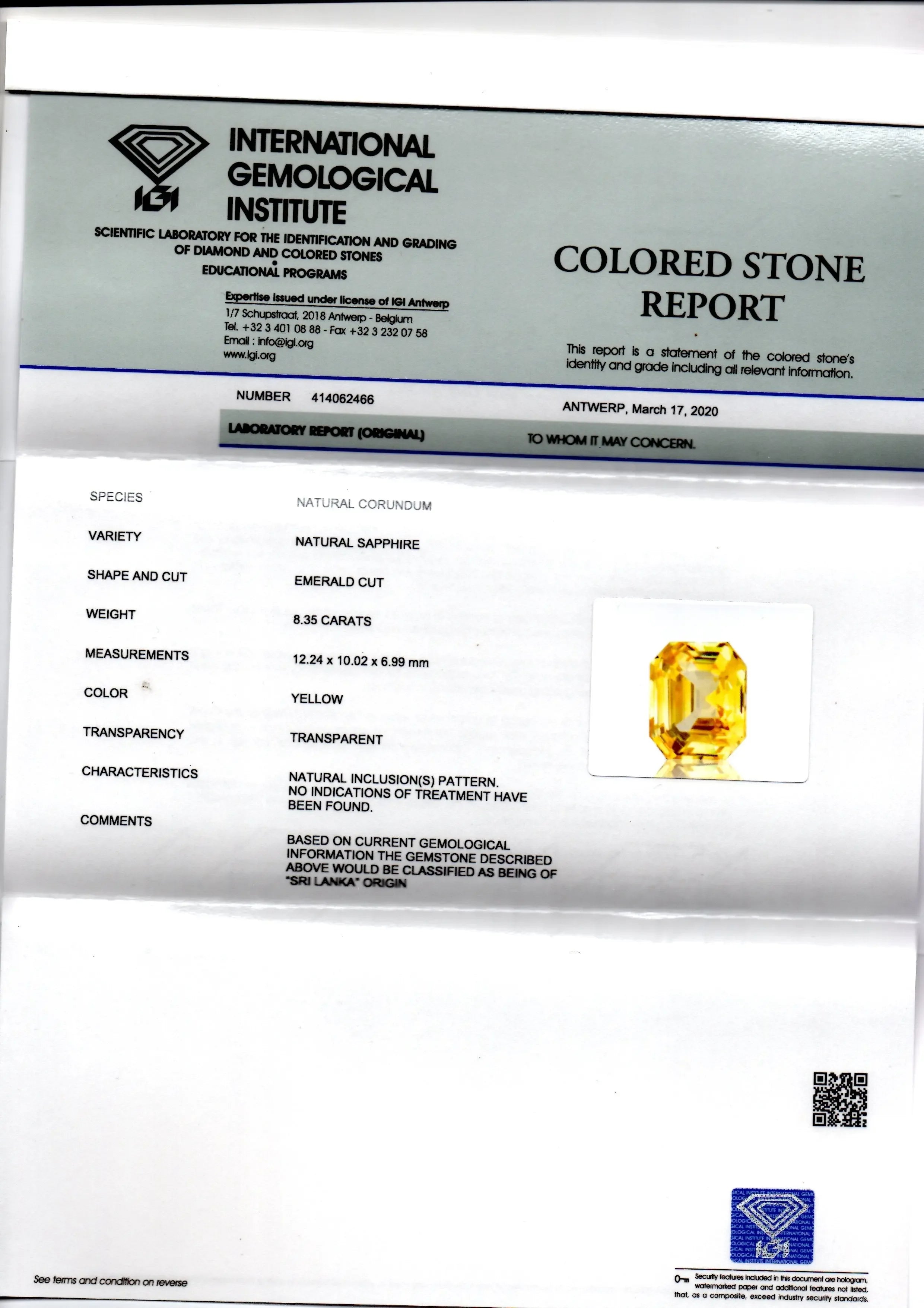 8.35 Ct IGI Certified Unheated Untreated Natural Ceylon Yellow Sapphire AAA - Venus Gems