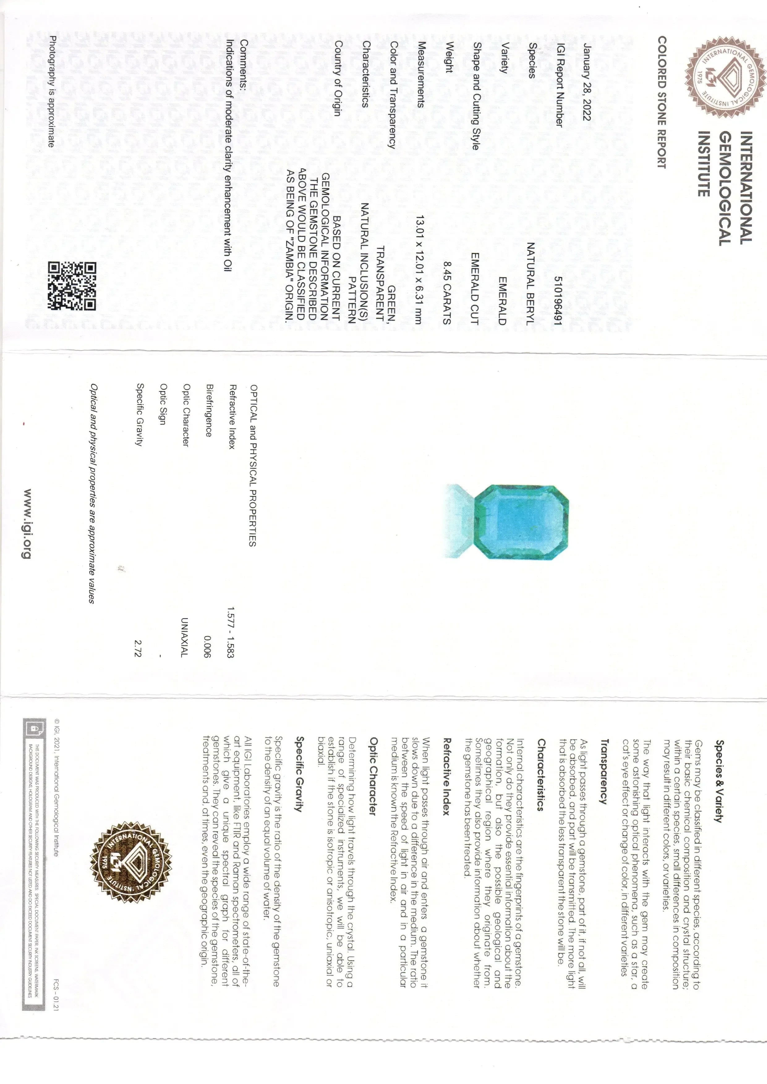 8.45 Ct IGI Certified Untreated Natural Zambian Emerald Gemstone AAA - Venus Gems