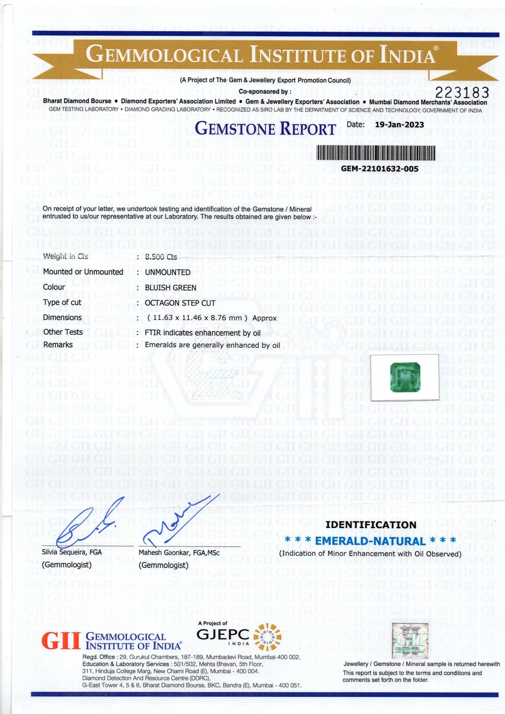 8.50 Ct Certified Untreated Natural Zambian Emerald Gemstone Panna - Venus Gems