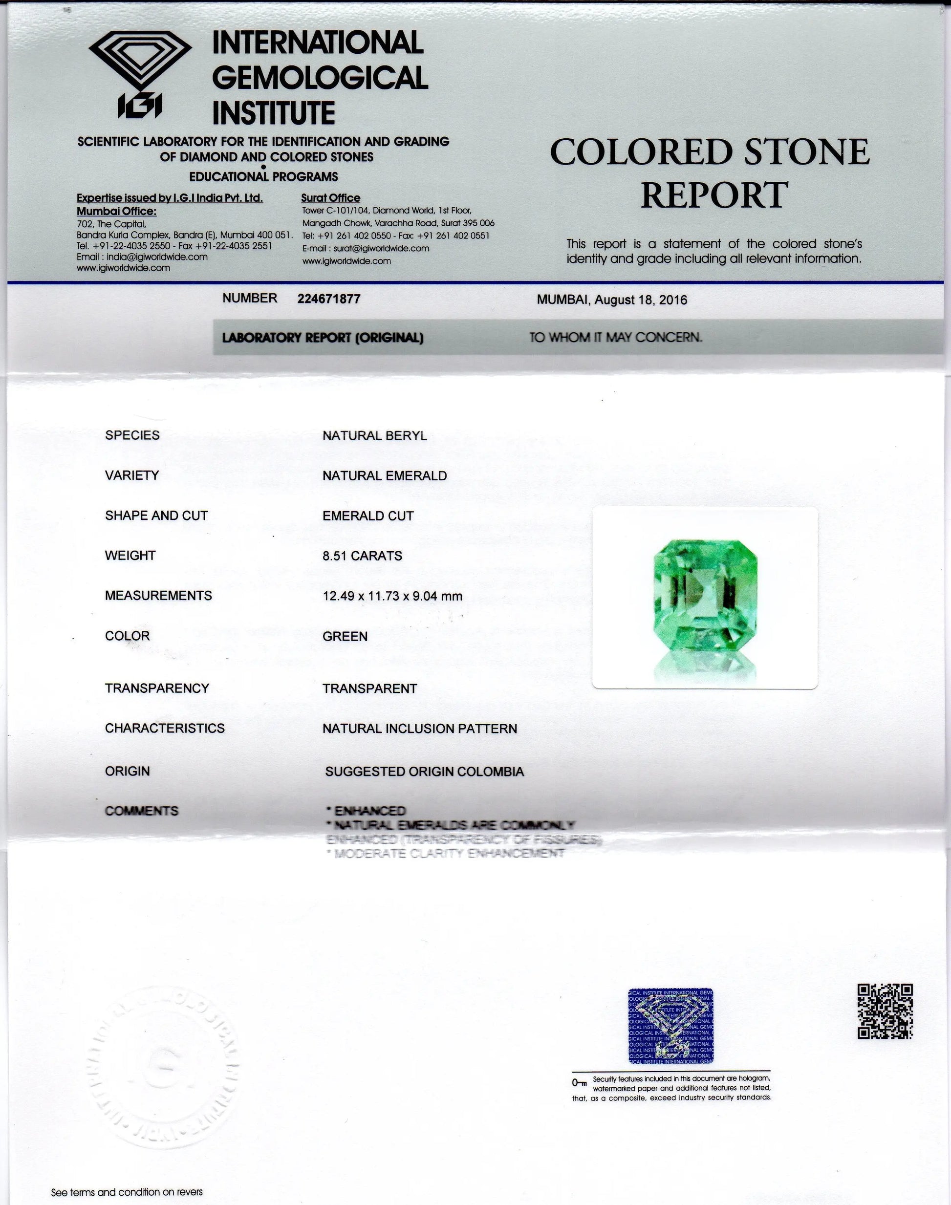 8.51 Ct Unheated Natural Colombian Emerald Gemstone **RARE**