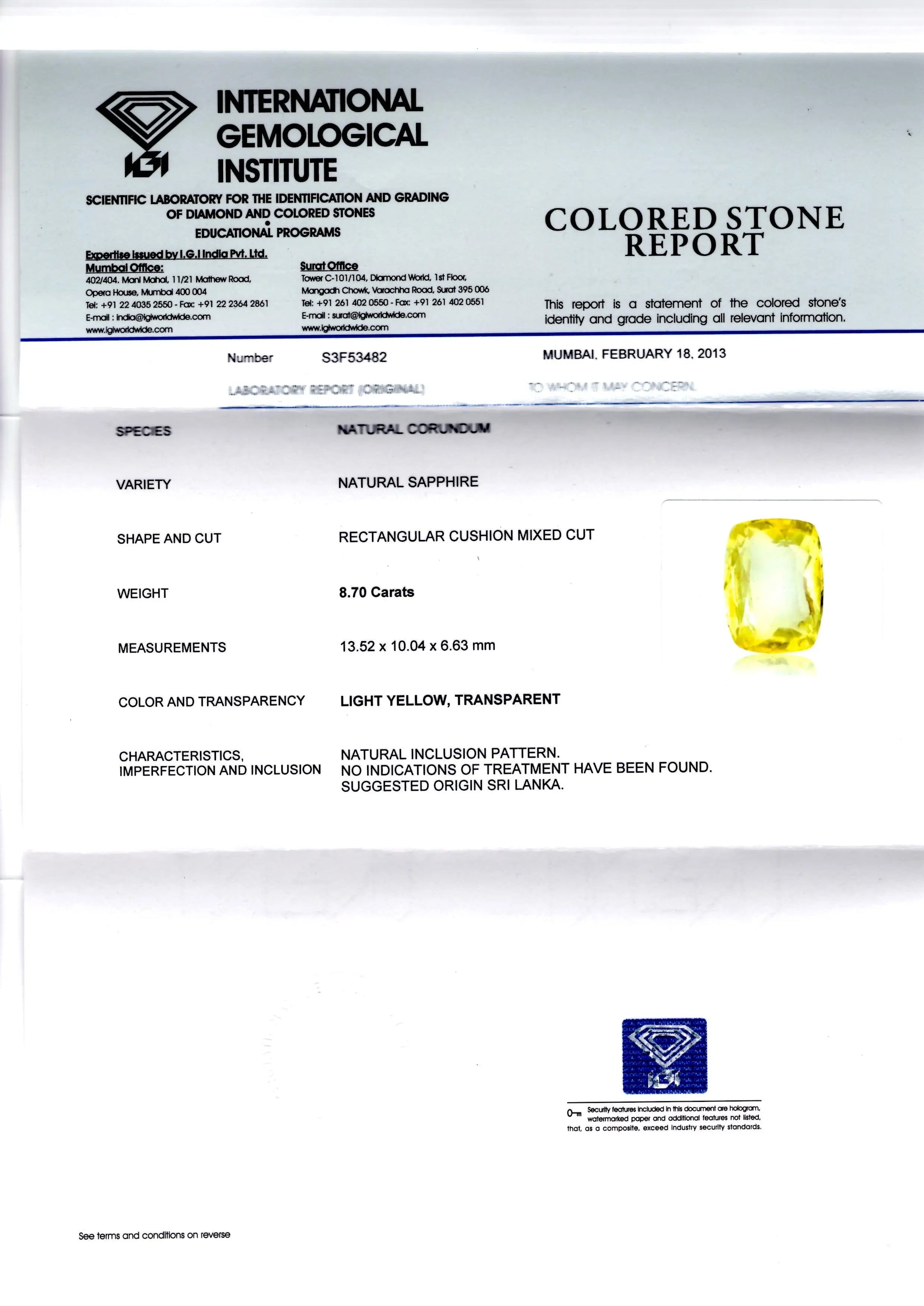 8.70 Ct Certified Unheated Untreated Natural Ceylon Yellow Sapphire