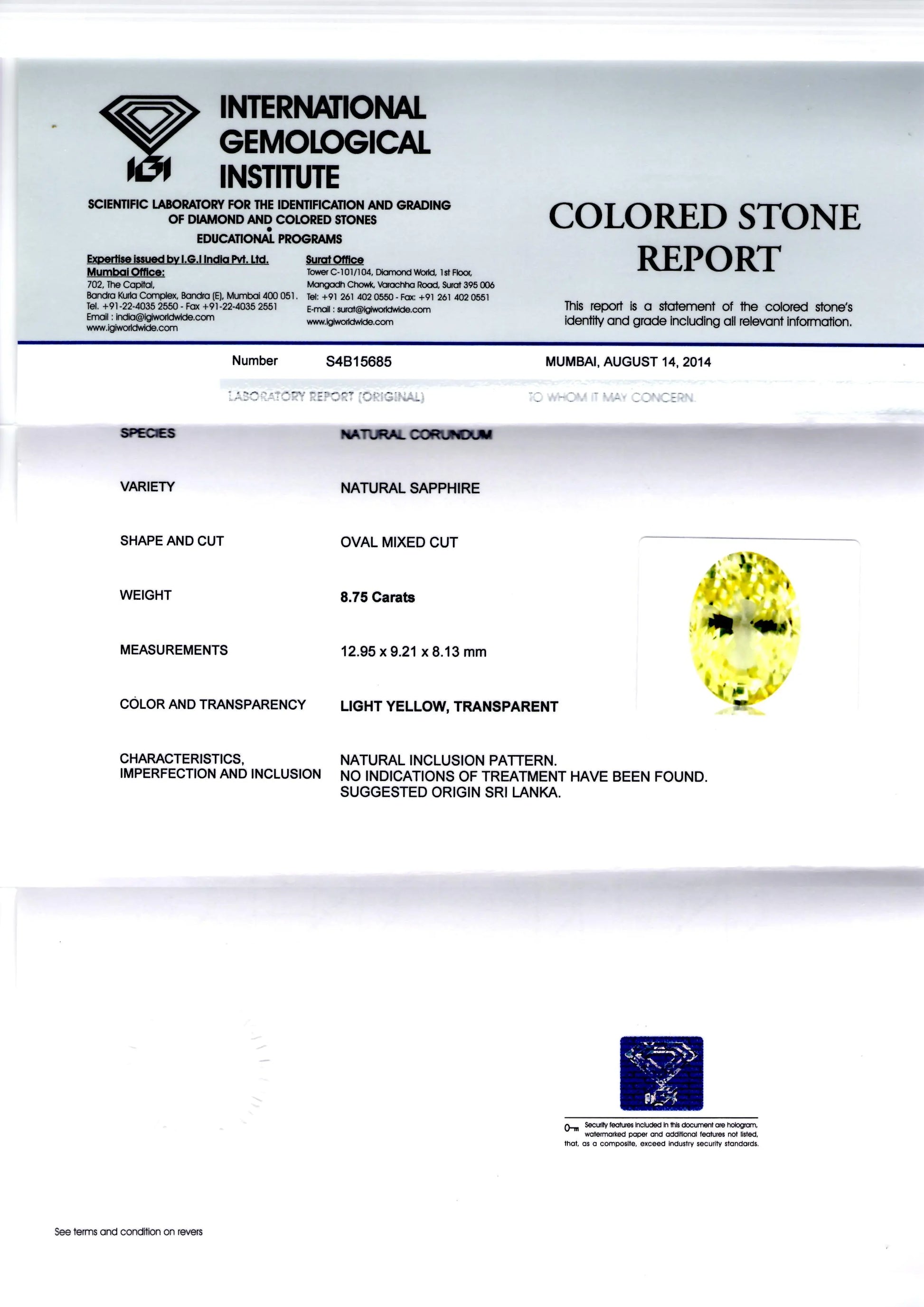 8.75 Ct Unheated Untreated Natural Ceylon Yellow Sapphire Pukhraj
