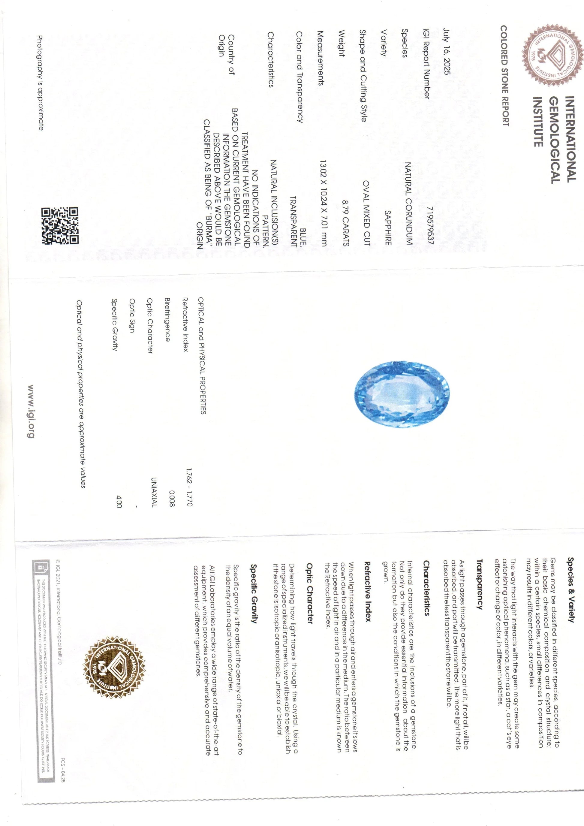 8.79 Ct IGI Certified Unheated Untreated Natural Burma Blue Sapphire - Venus Gems