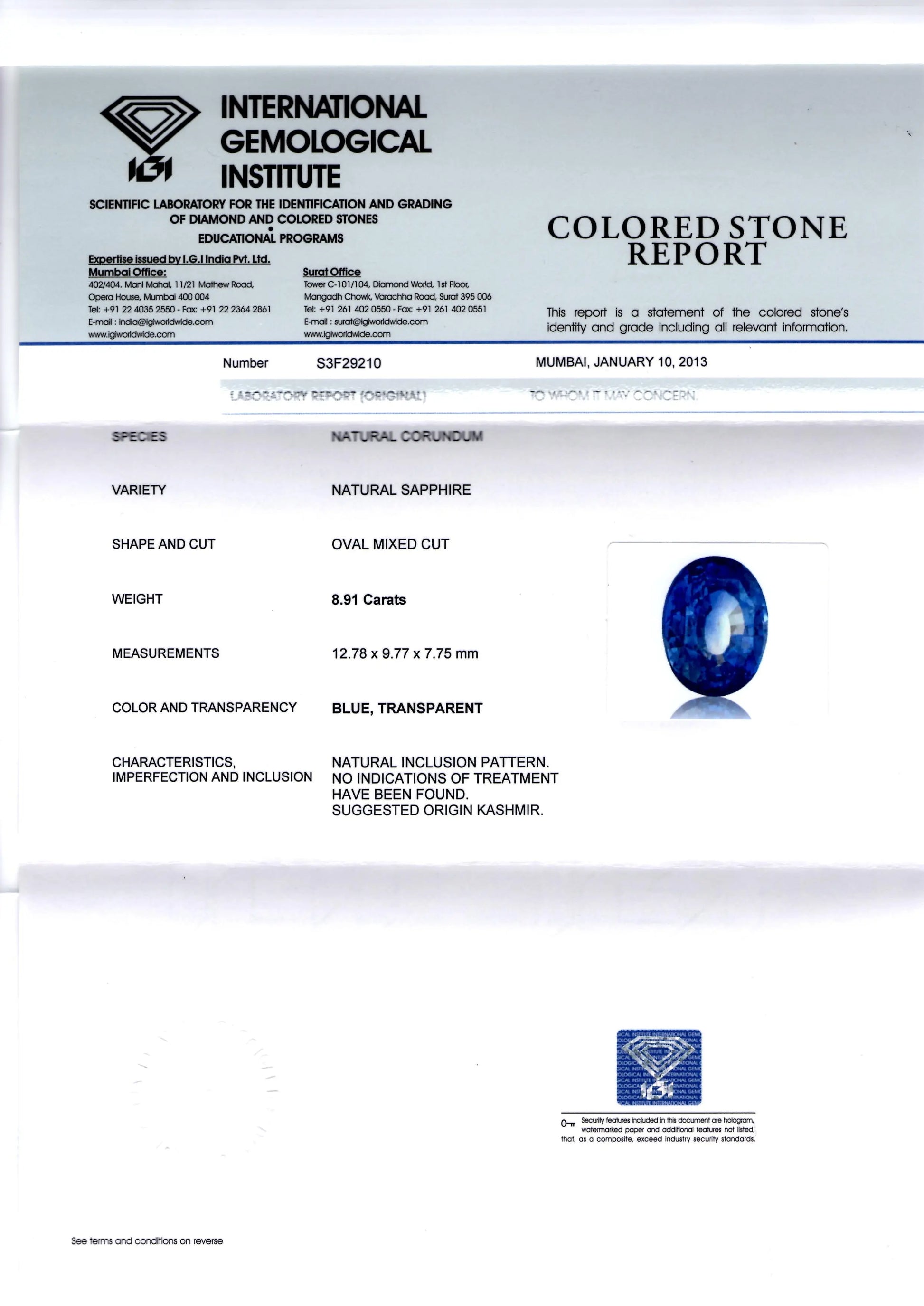 8.91 Ct Unheated Untreated IGI Certified Natural Kashmir Blue Sapphire AAA