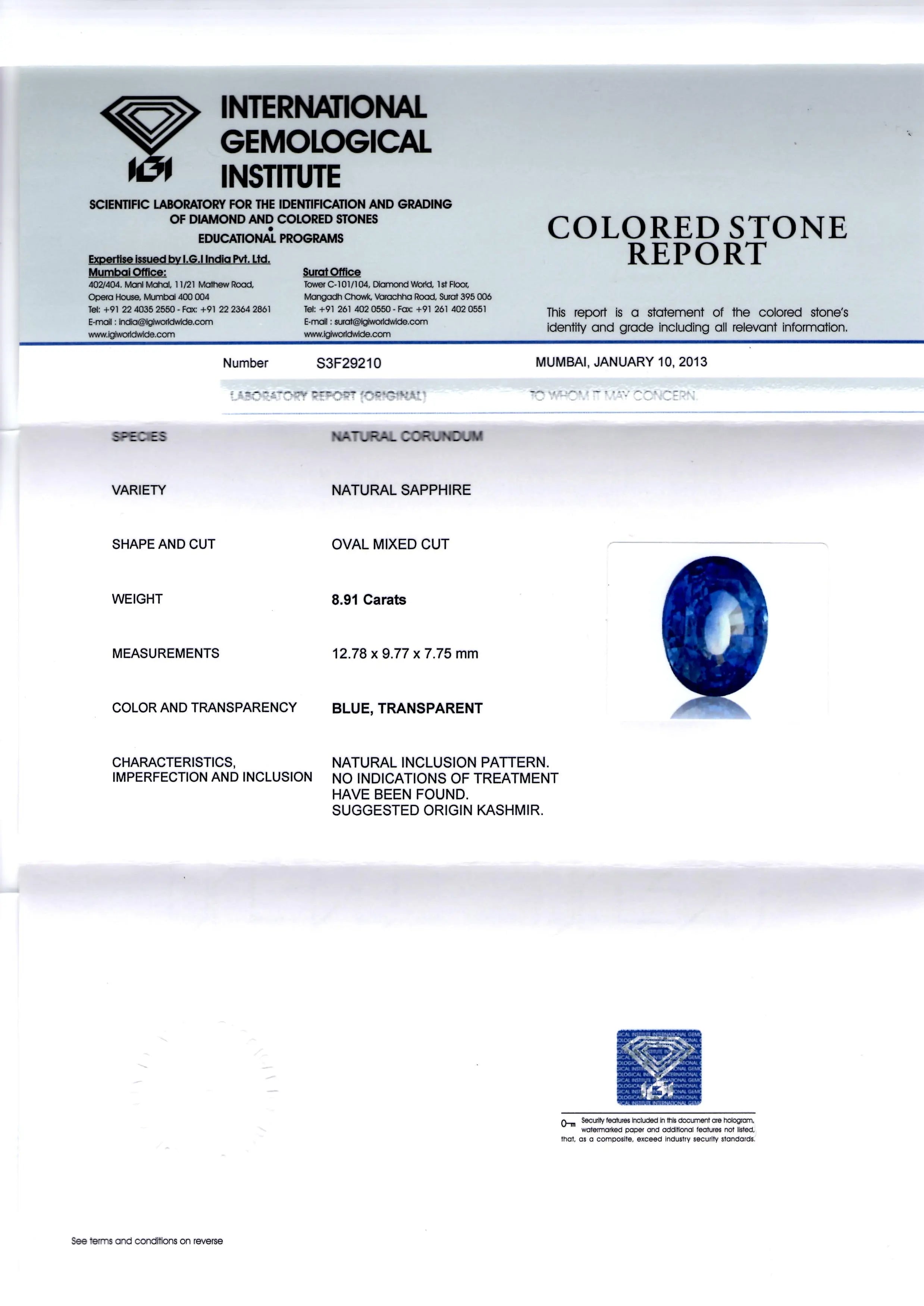 8.91 Ct Unheated Untreated IGI Certified Natural Kashmir Blue Sapphire AAA