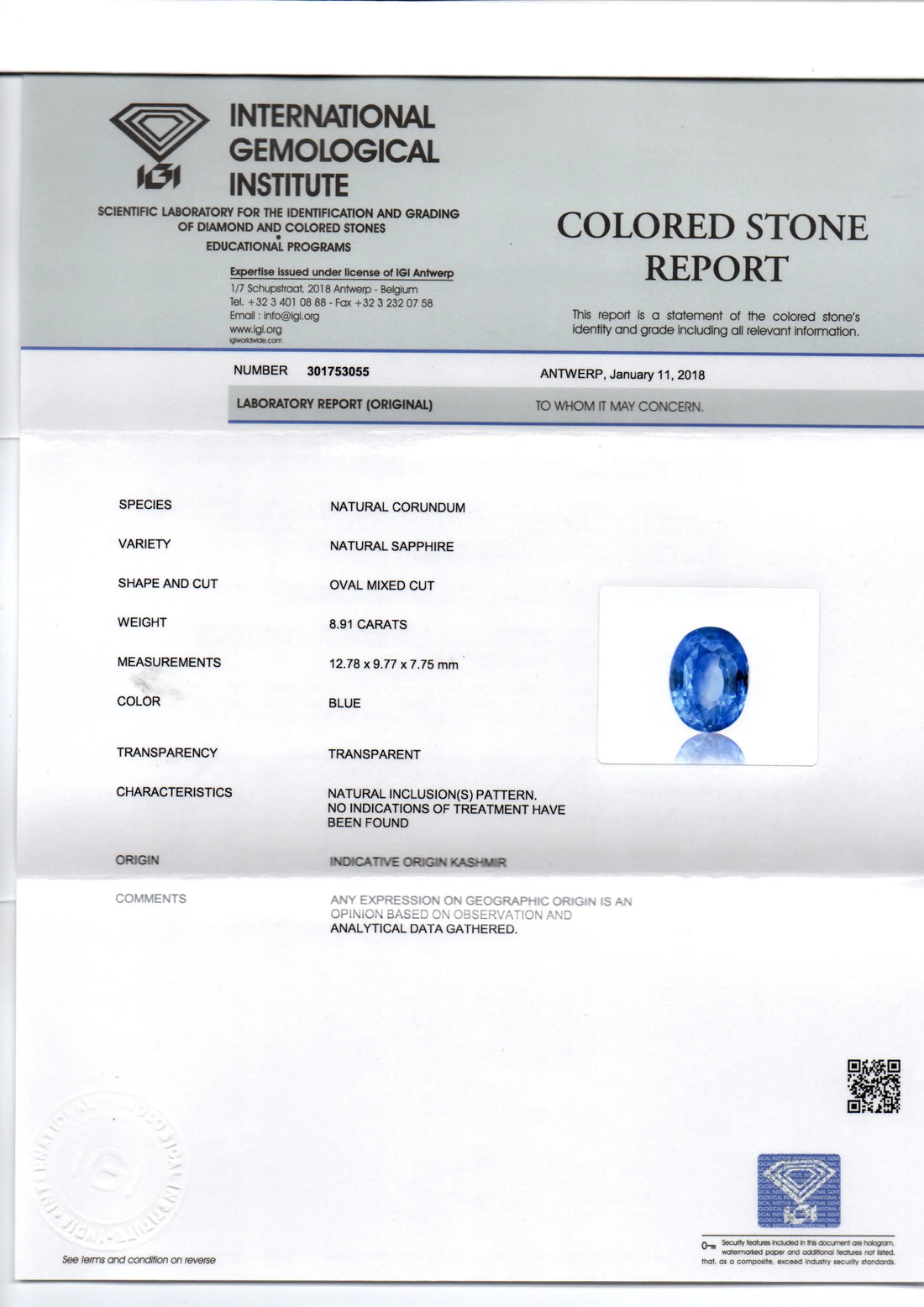 8.91 Ct Unheated Untreated IGI Certified Natural Kashmir Blue Sapphire AAA