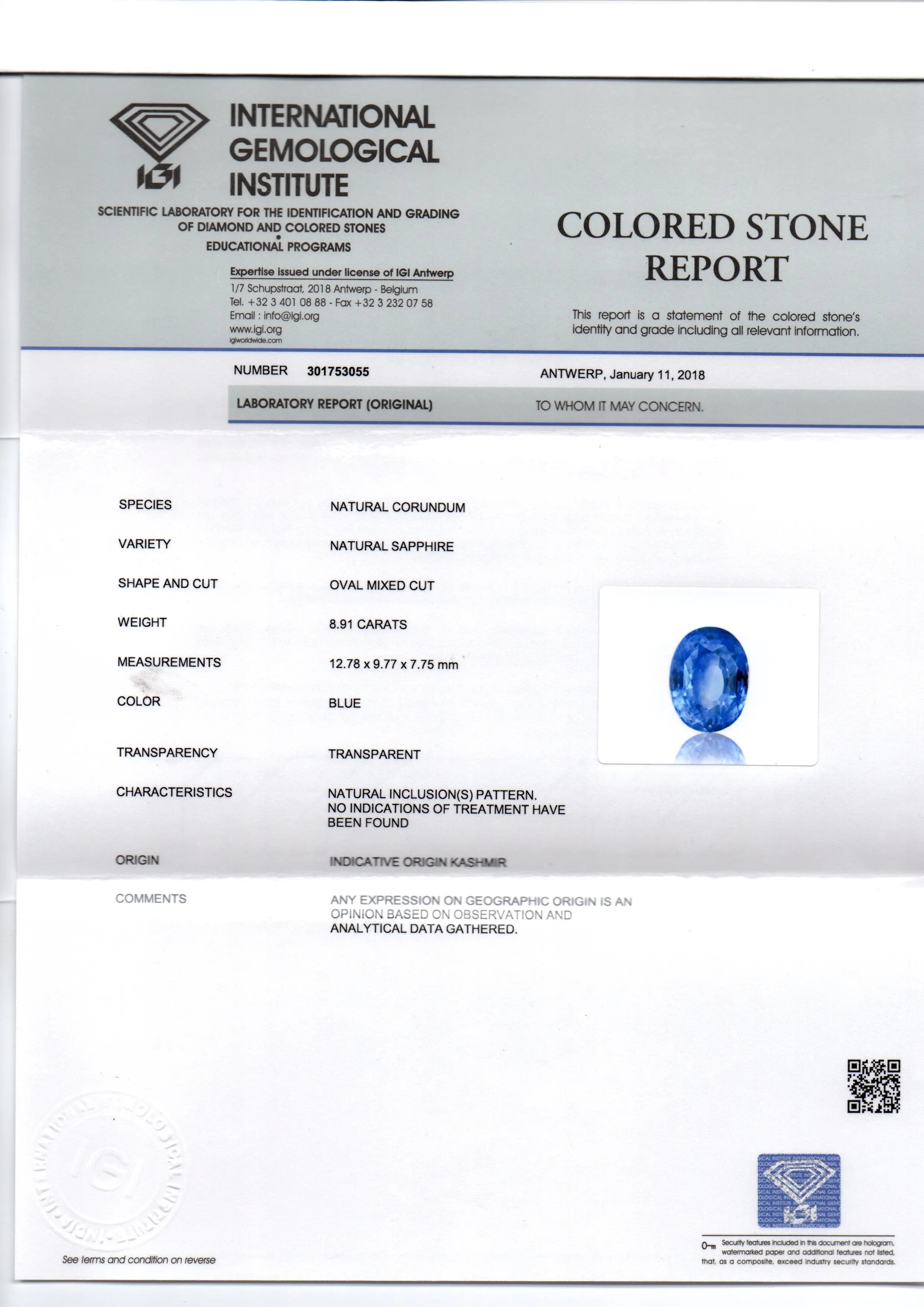 8.91 Ct Unheated Untreated IGI Certified Natural Kashmir Blue Sapphire AAA