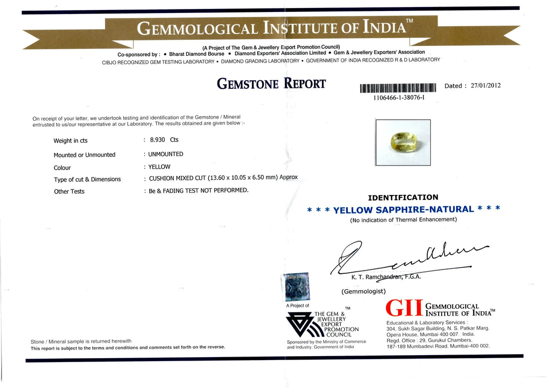 8.93 Ct GII Certified Unheated Untreated Natural Ceylon Yellow Sapphire